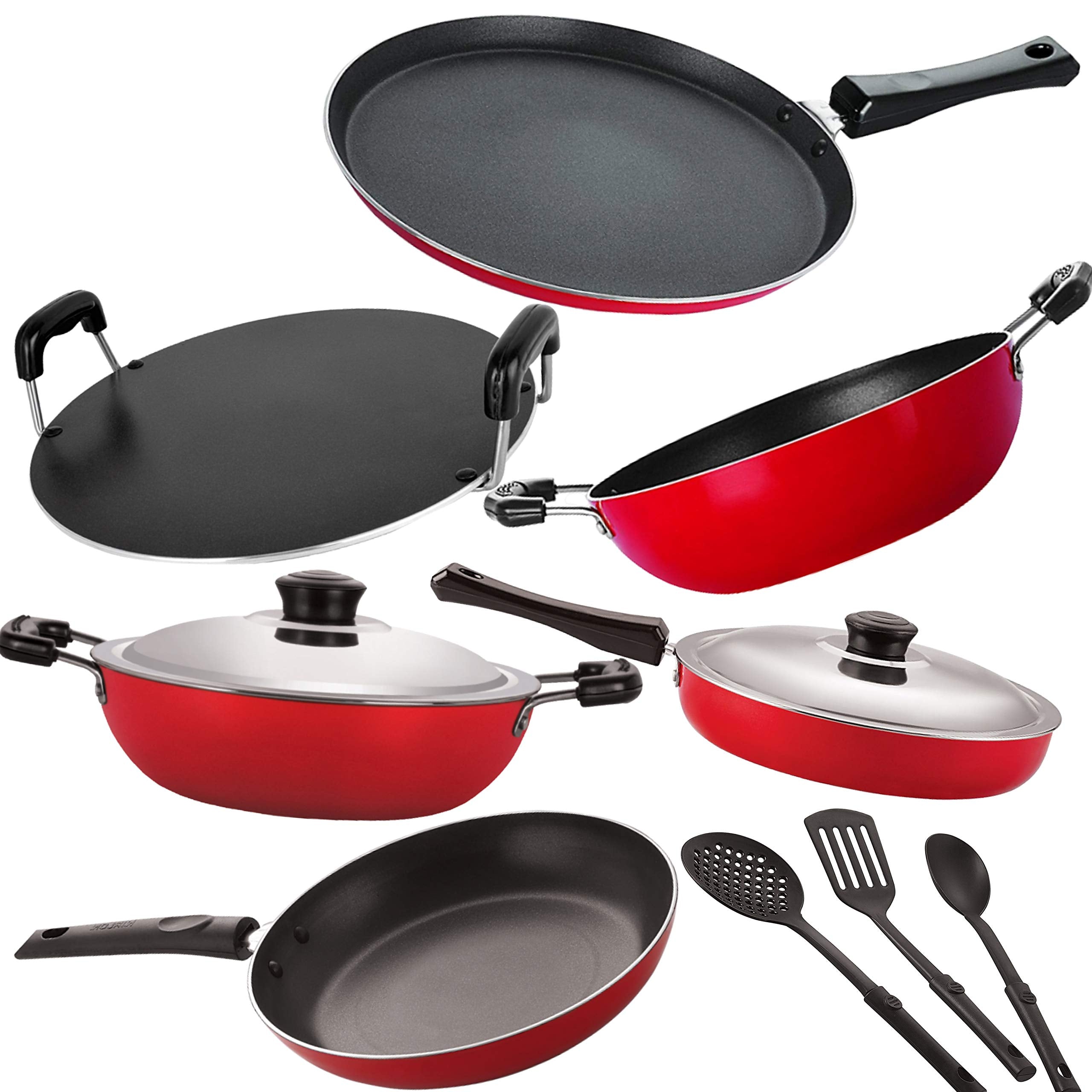 Nirlon NonStick Coated Pure Aluminium Cookware Combo Set With Bakelite Handle 9 Piece, 2.6Mm_Ft13_Kd13_Dkdm_Tp_Rt_Fp12_3Spn