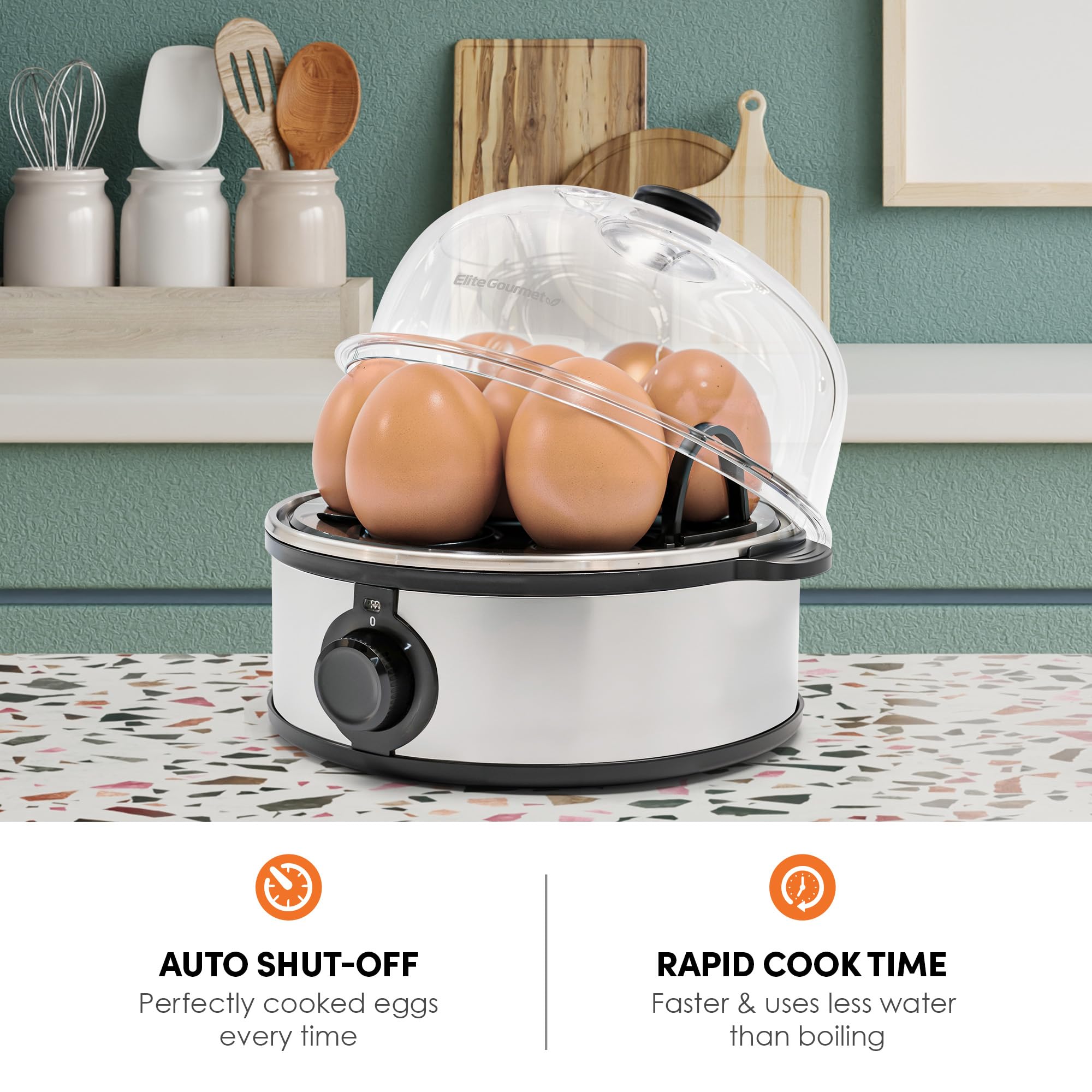 Elite Gourmet Egc724Ss Easy Electric Poacher, Omelet Eggs & Soft, Medium, Hard-Boiled Egg Boiler Cooker With Auto Shut-Off And B