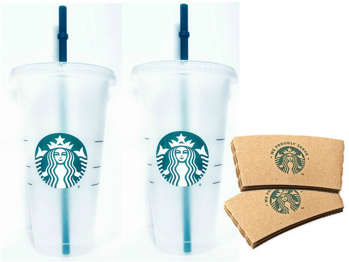Starbucks Reusable Venti 24 Fl Oz Frosted Ice Cold Drink Cup Bundle Set Of 2 With Sleeves