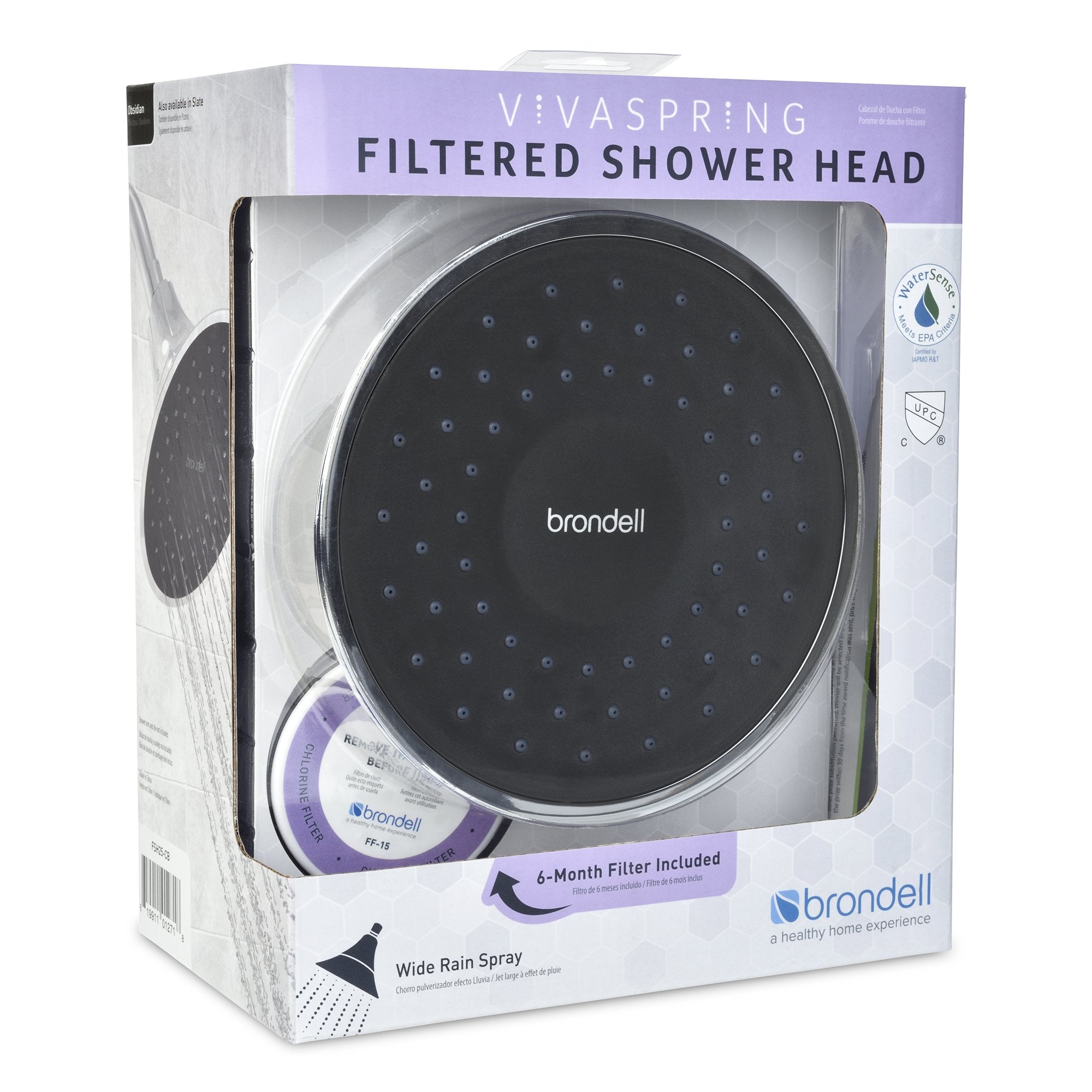 Vivaspring Filtered Shower Head Fsh25-Cb In Chrome Finish With Obsidian Face And Wide Rain Spray | For Softer Skin And Hair | 6