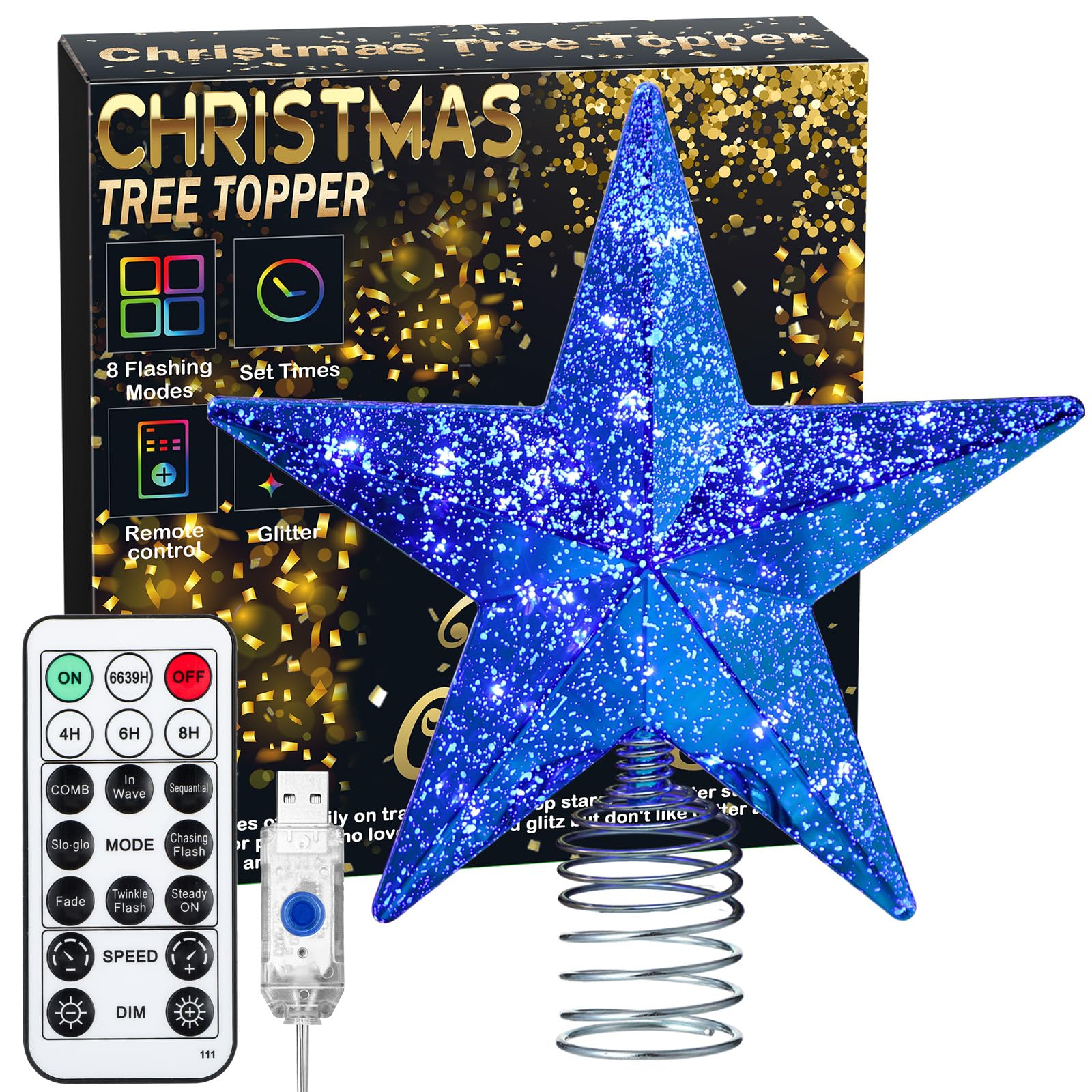 Blue Christmas Tree Star Topper with Lights, 8.5-Inch Light-Up Christmas Tree Topper with Remote Control, 4 Brightness Levels & 