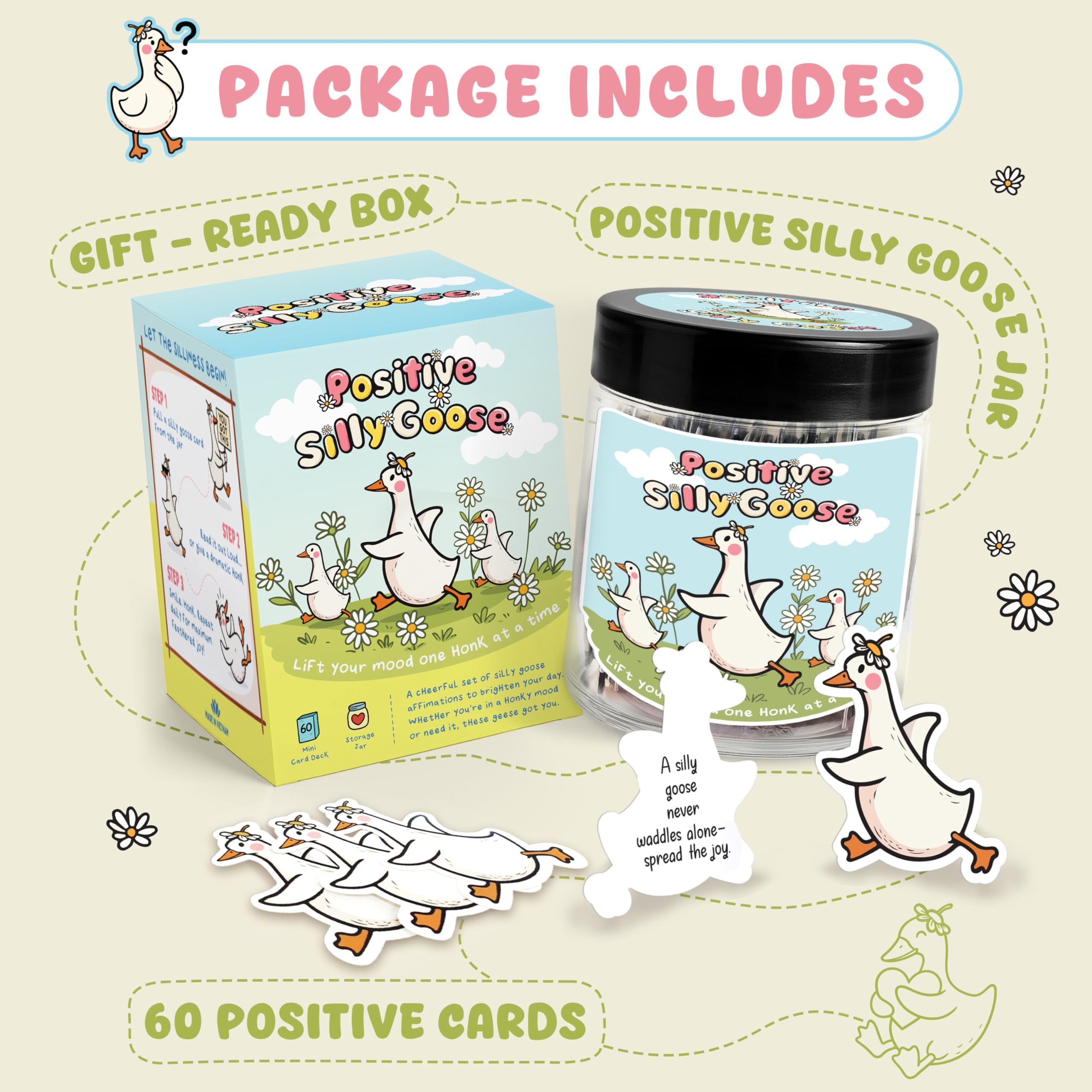 Positive Goose Jar with 60 Affirmation Cards, Emotional Support Goose, Silly Goose Gifts For Women, Mini Desk Goose, Stocking St