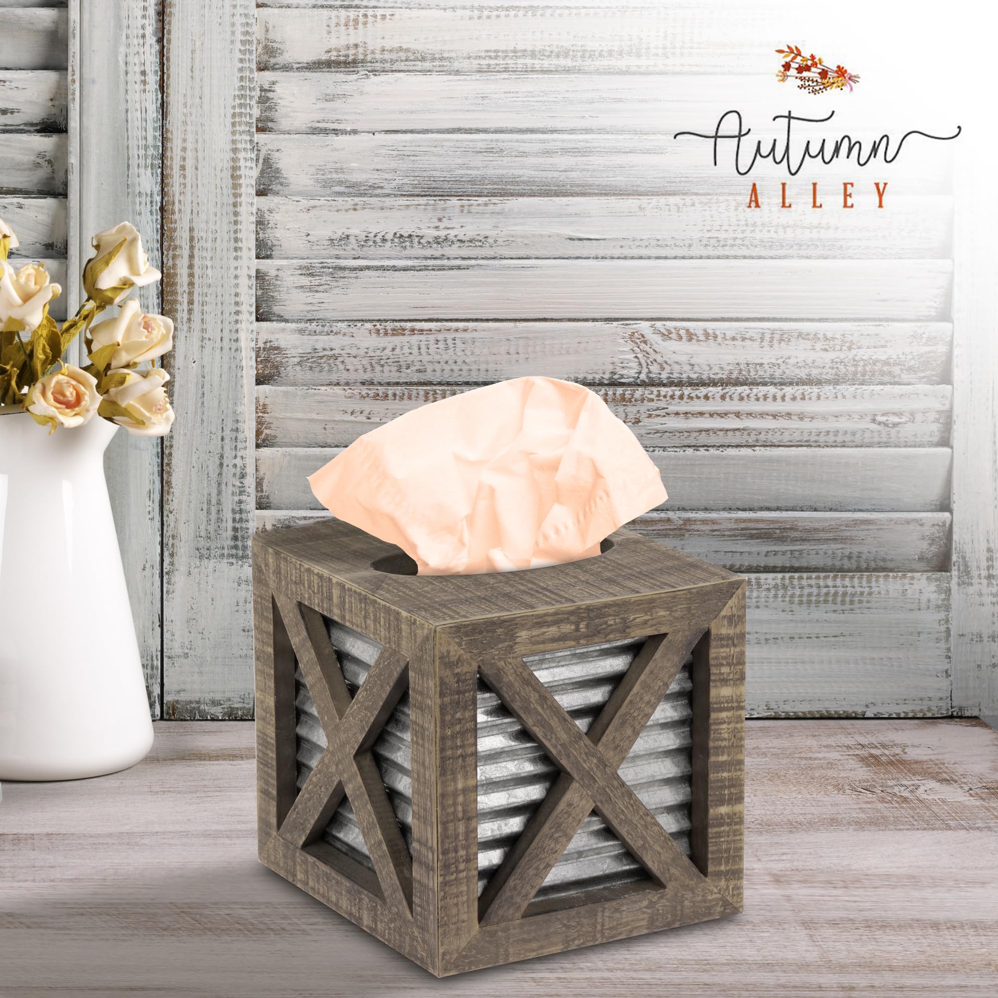 Autumn Alley Barn Door Rustic Square Tissue Box Cover  Farmhouse Bathroom Accessories  Rustic Bathroom D?cor Tissue Holder  Wood Tissue Box Cover with Galvanized Decor
