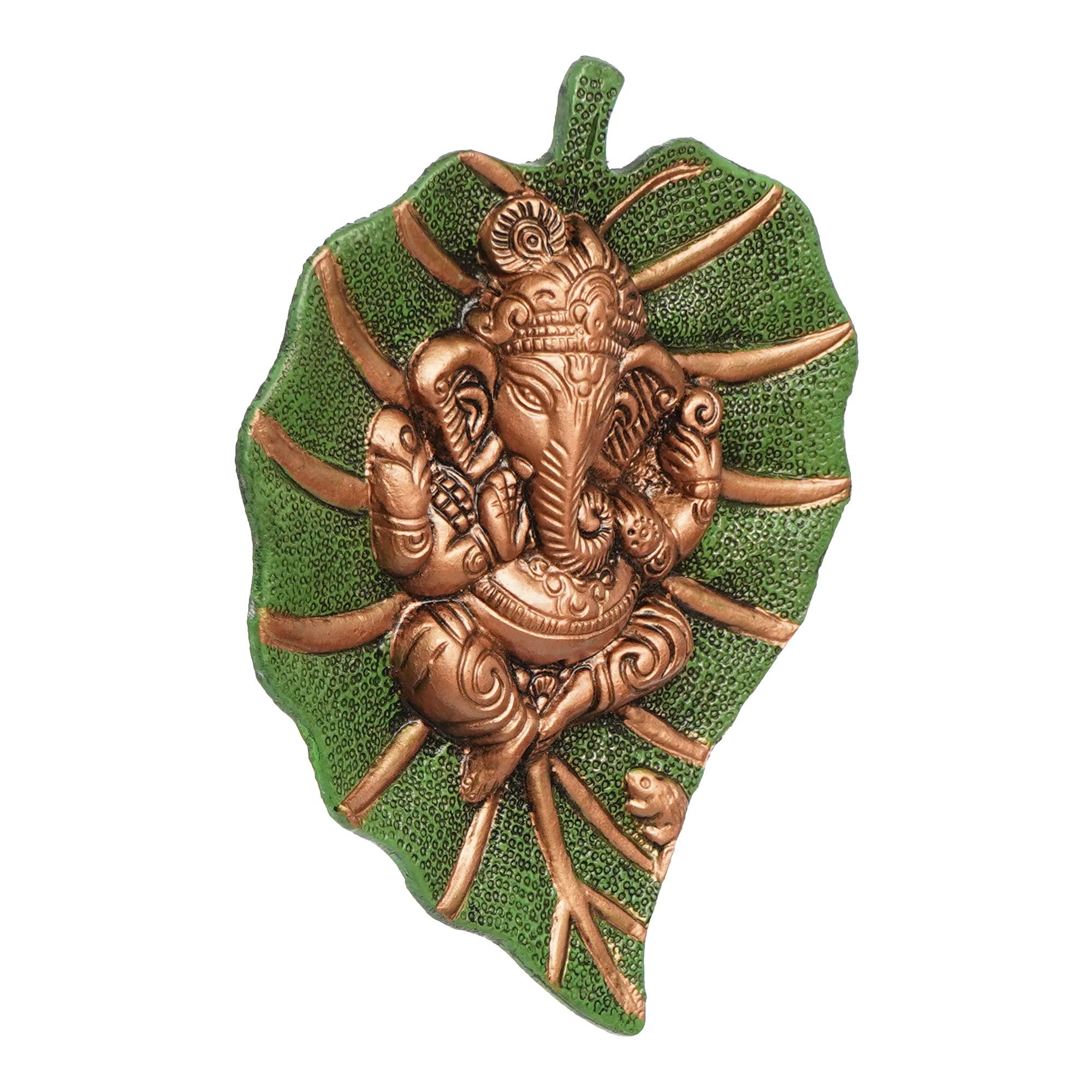 Ecraftindia Metal Brown Lord Ganesha Idol On Green Leaf Ganesha Wall Hanging Decorative Showpiece For Wall Decor- Diwali Decorat