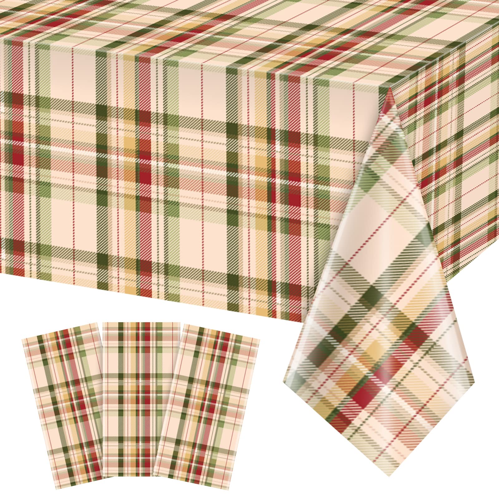 3Pack Fall Buffalo Checkered Plaid Table Covers, Plastic Give Thanks Buffalo Checkered Plaid Tablecloth Backdrop for Autumn Than