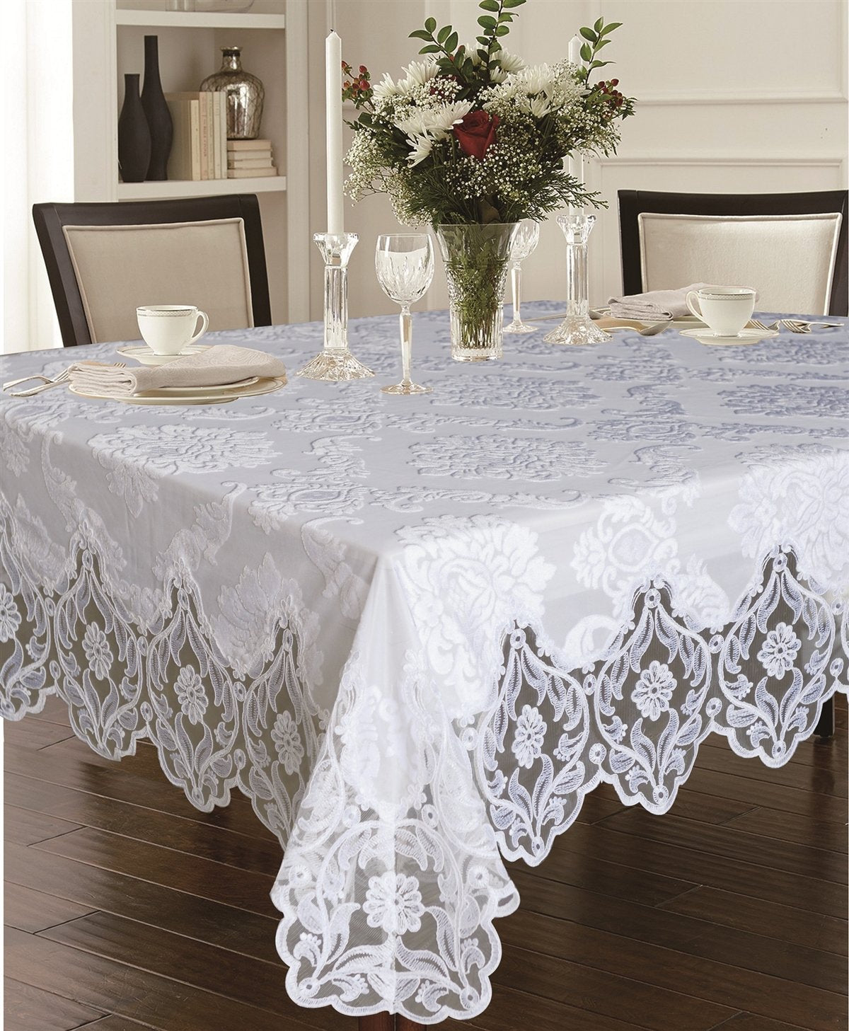 Elegant Velvet Lace Sheer Floral Deluxe Design Tablecloths - White, 70'' X 160''