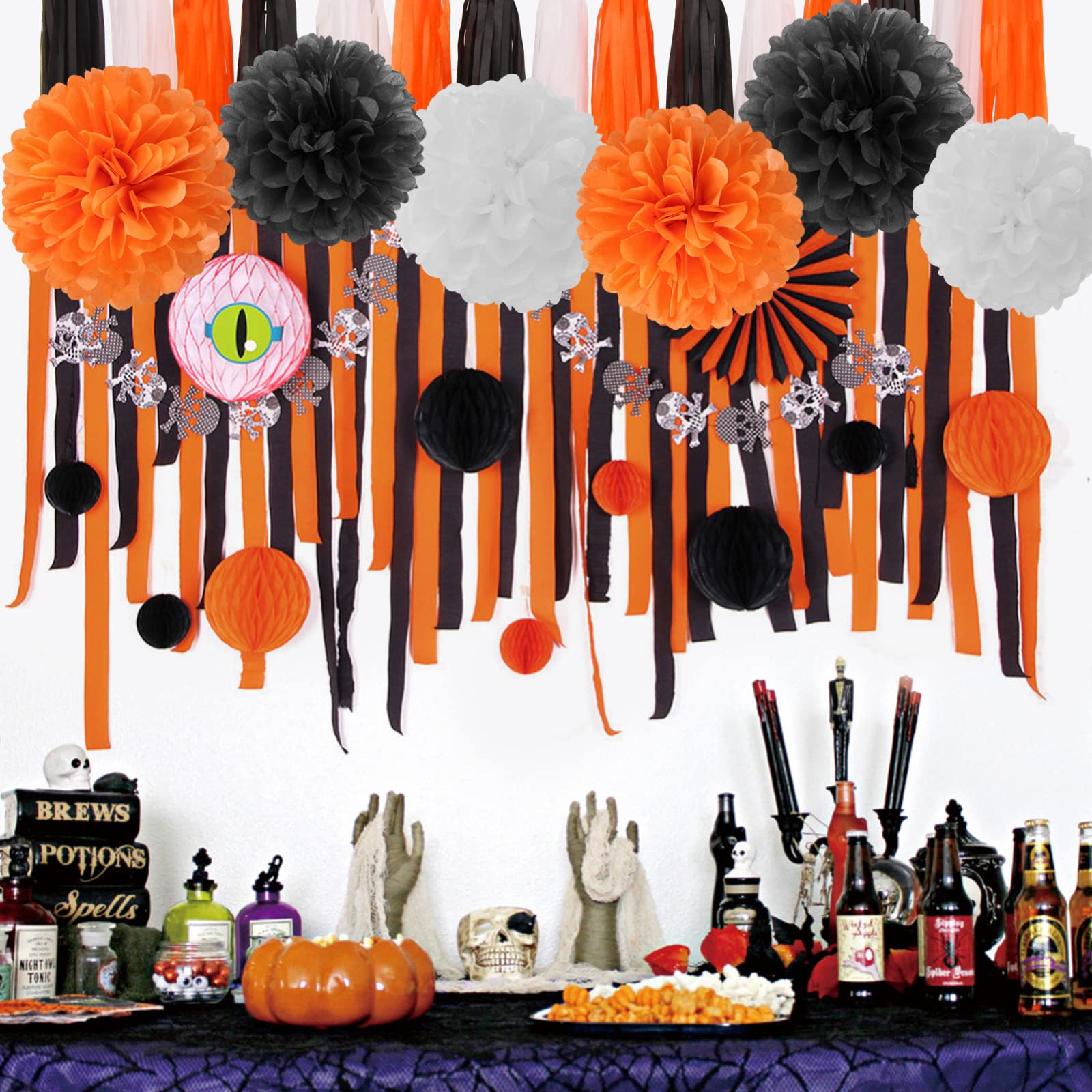 Black White Orange Halloween Party-Decorations - 23pcs Tissue Pom Poms Streamers Tassel Garland Banner Graduation 2023 Birthday Wedding Baby Bridal Shower Decor Bunting Lasting Surprise
