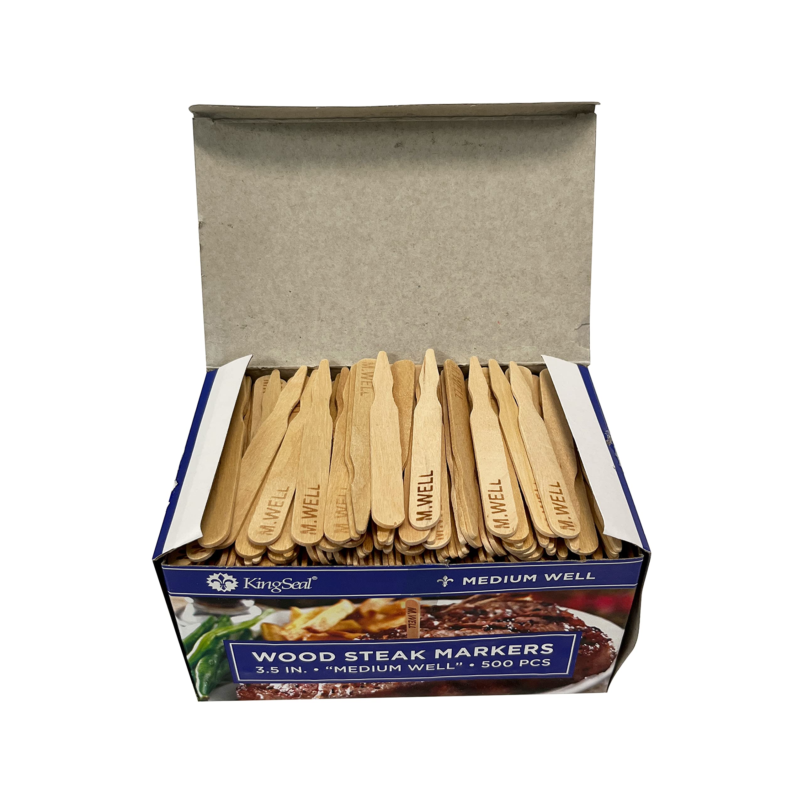 Kingseal 3.5 Inch Natural Birch Wood Steak Markers, Heat Stamped, Med Well, Commercial Bulk Pack - 10 Boxes Of 500 (5,000Pcs Tot
