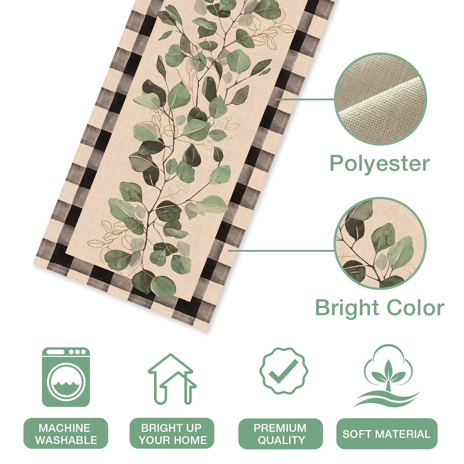 Seliem Spring Eucalyptus Leaves Greenery Table Runner, Black White Buffalo Plaid Check Kitchen Dining Table Decor, Green Plants