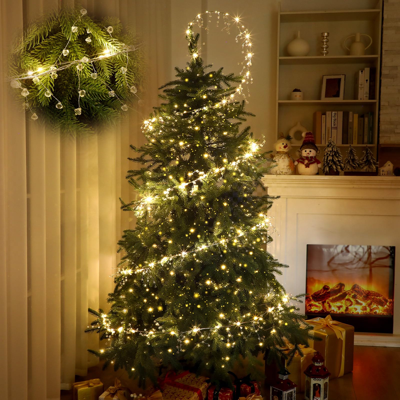 Glooglitter 40ft Christmas Tree Crystal Garland Decorations, 98ft 300 LED Fairy Lights with Crystal Drop Ornaments & Iron Wire, 