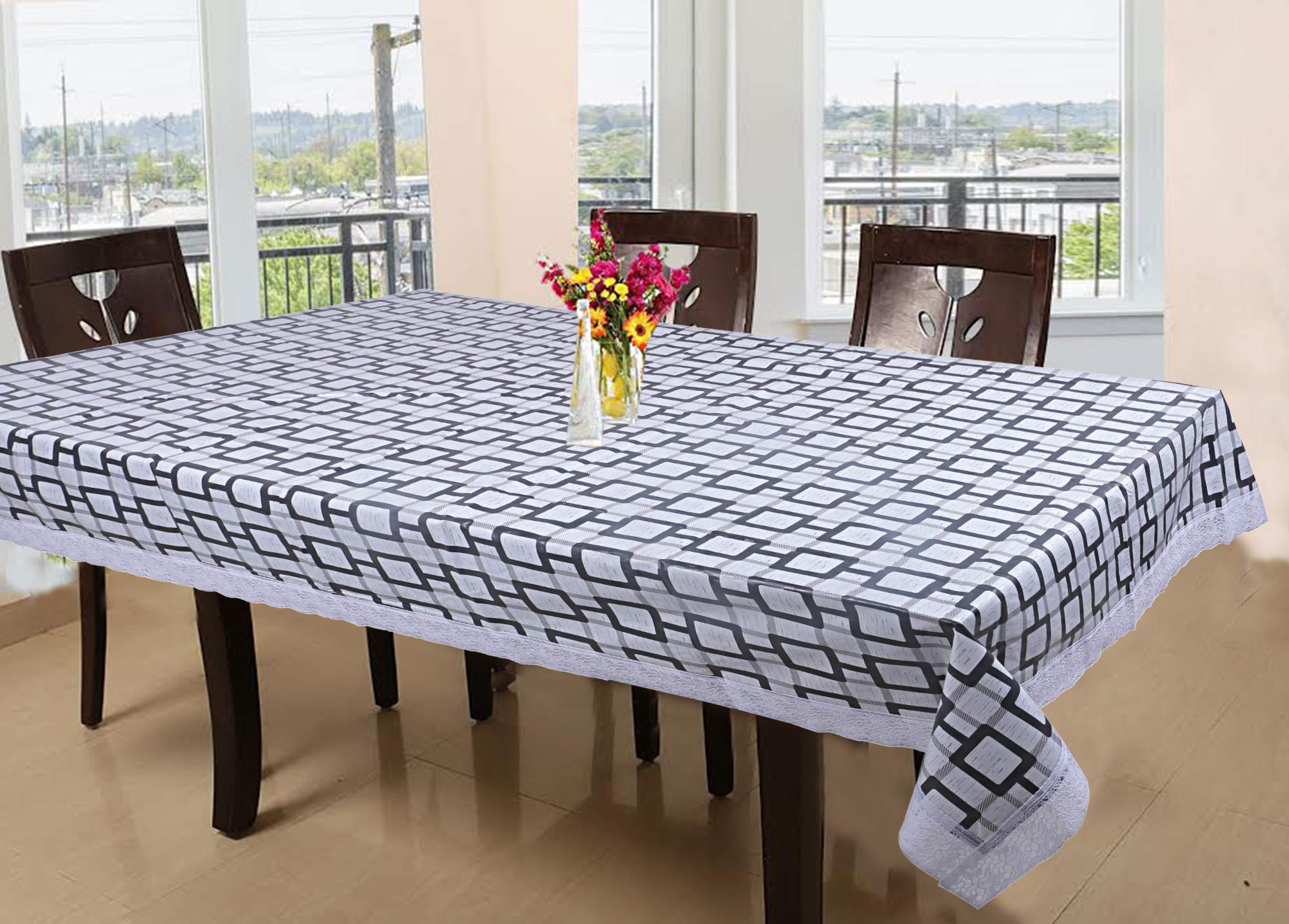Kuber Industries Checkered Pvc 6 Seater Dining Table Cover - Grey (Ctktc05459)