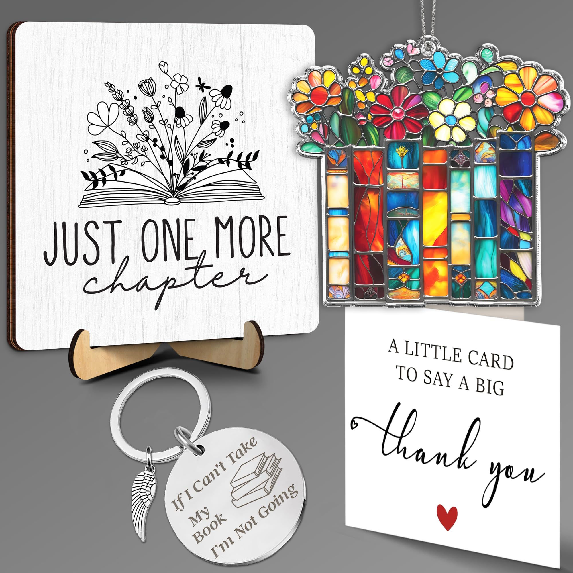 Just One More Chapter Book Lover Gift Set - Thank You Gift for Teacher, Librarian, Reader, or Book Club - Stained Glass Ornament