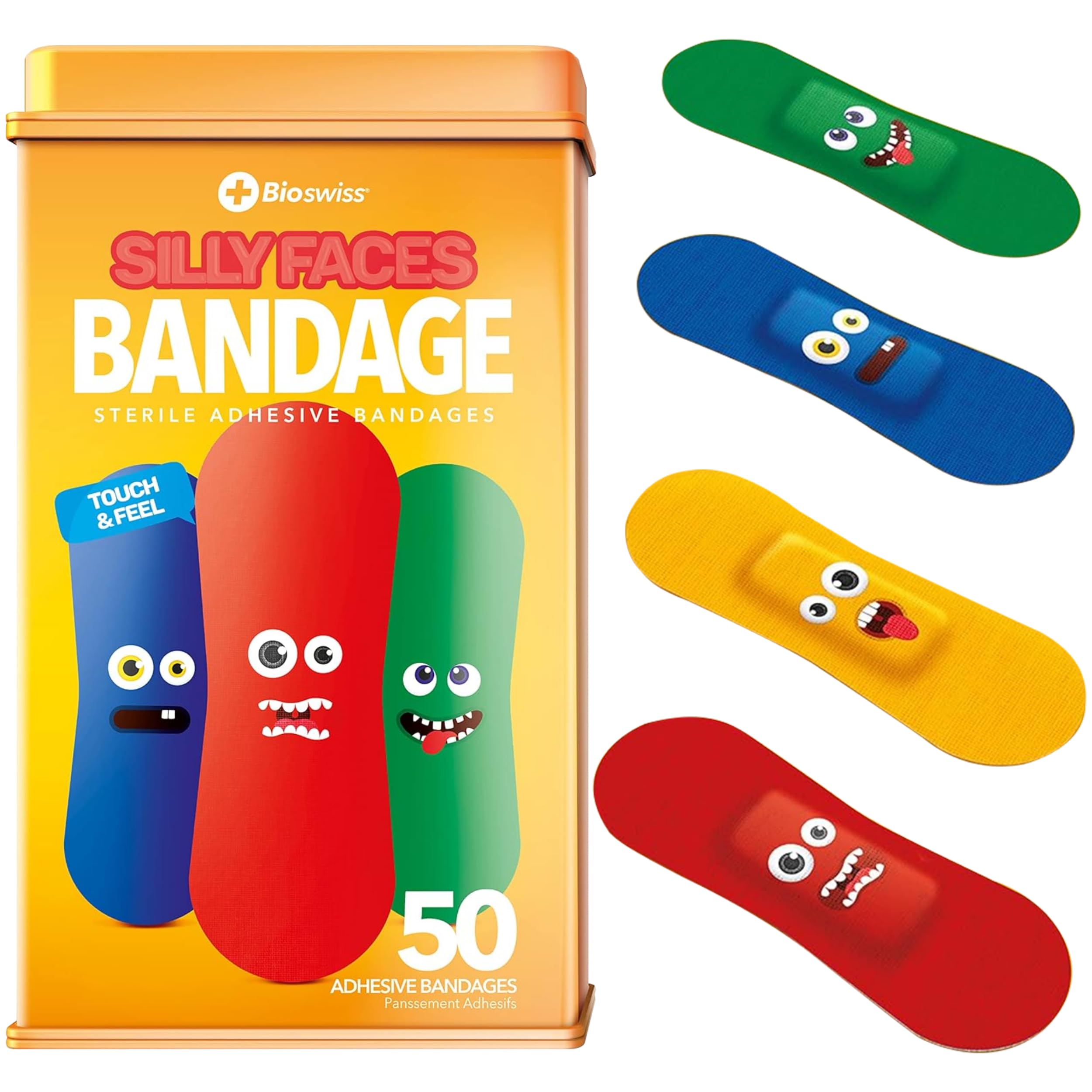 Bioswiss Silly Faces Shaped Bandages First Aid Latex Free Adhesive Bandage For Kids And Adults, First Aid Tin, 50 Pack