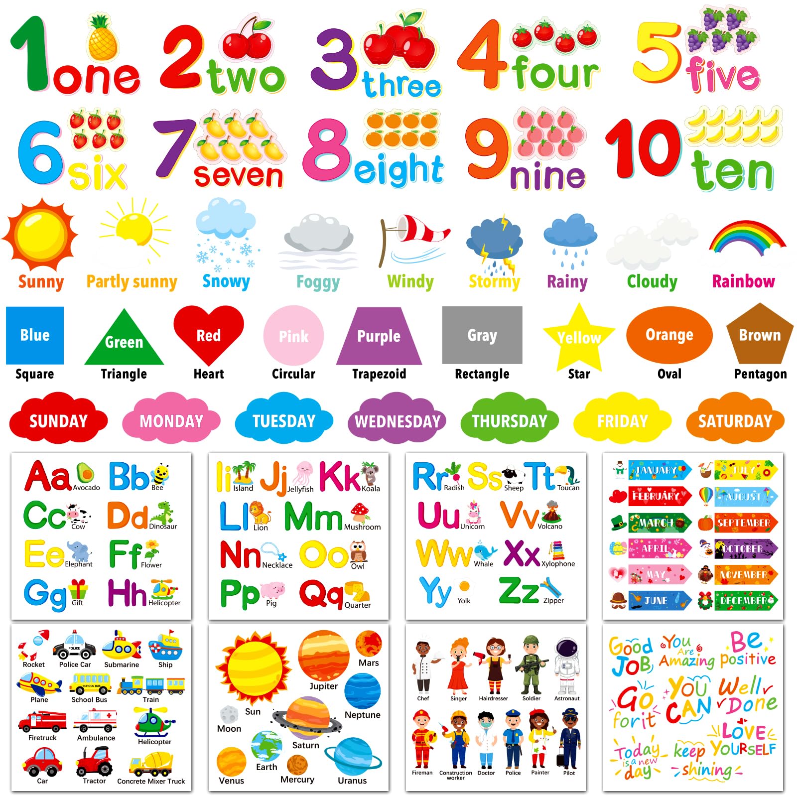 Alphabet Numbers Wall Decals 12 Sheets Color Weather Learning Educational Wall Stickers Peel And Stick Solar System Shape Wall D