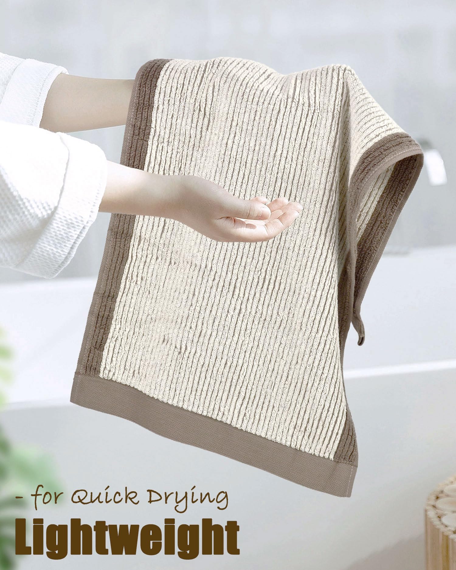 Cleanbear Hand Towels For Bathroom Set Of 4, Jacquard Weaved Cotton Face Towels, 28 X 13.7 Inches (Light-Brown)