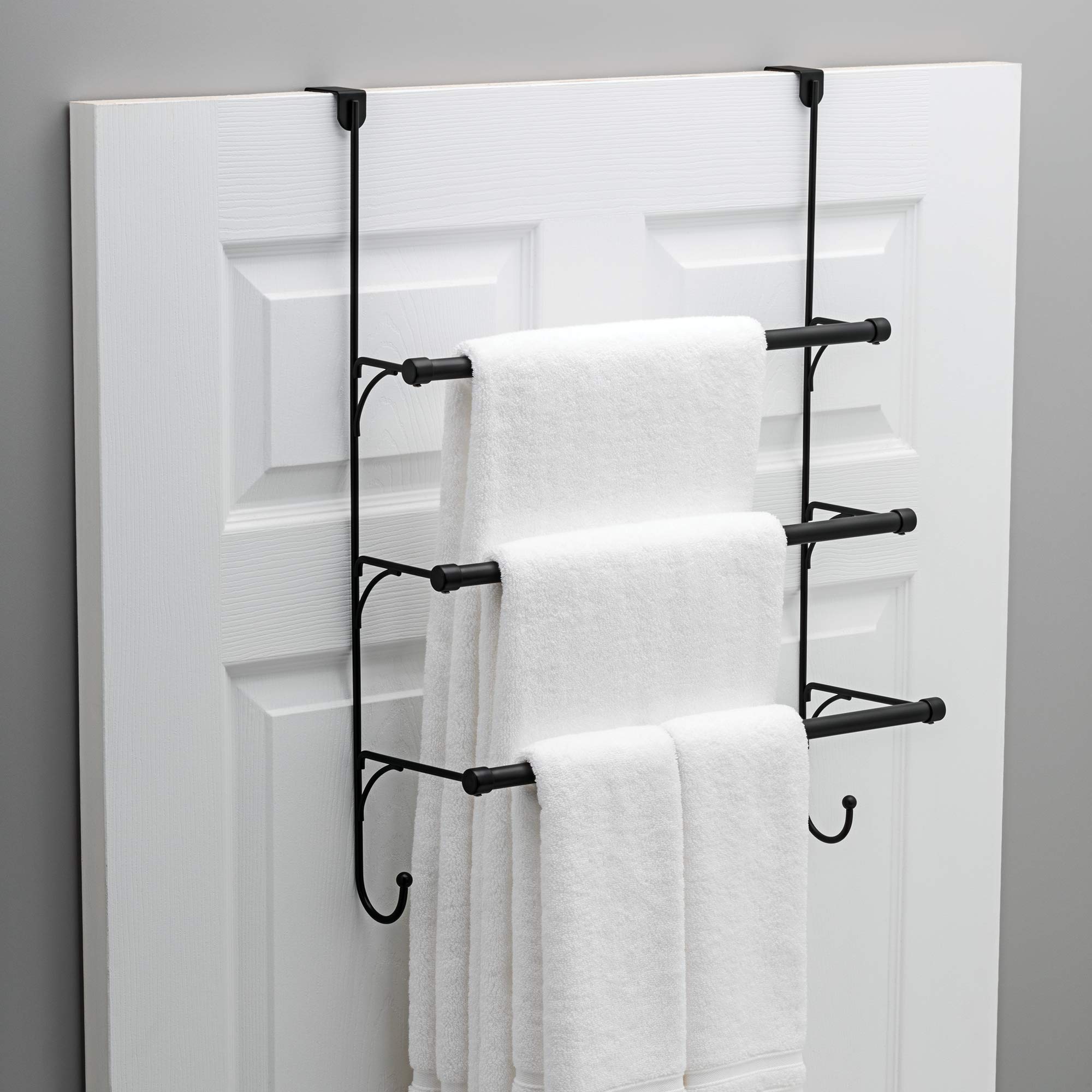 Franklin Brass (1-Pack) Over The Door Hooks Triple Towel Rack Matte Black 3-Tier Towel Bar Rack With Hooks For Bathroom Organize