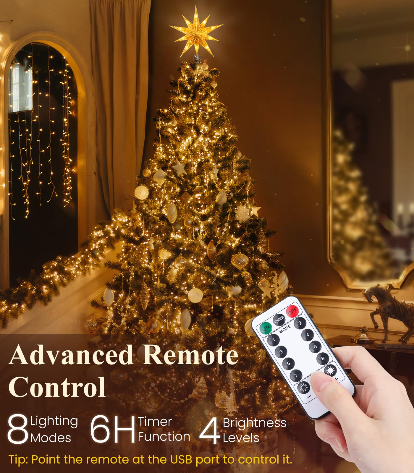 Luxspire Christmas Tree Topper, Lighted Star Tree Topper with USB Plug-in & Remote Control, 9.8 Christmas Tree Star Lights for H