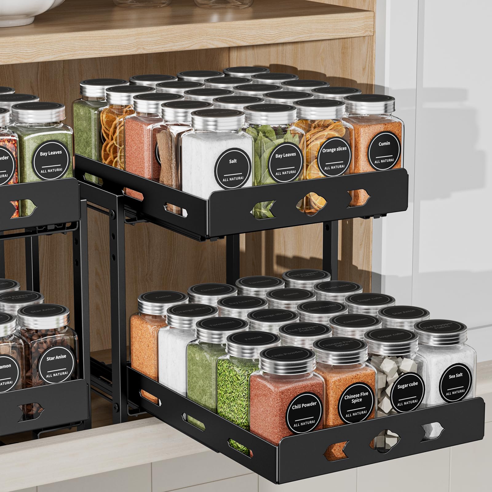 Boivshi Pull Out Spice Rack Organizer For Cabinet, 2Tier Cabinet Spice Rack Organizer, Height Adjustable Vertical Spice Rack Fo