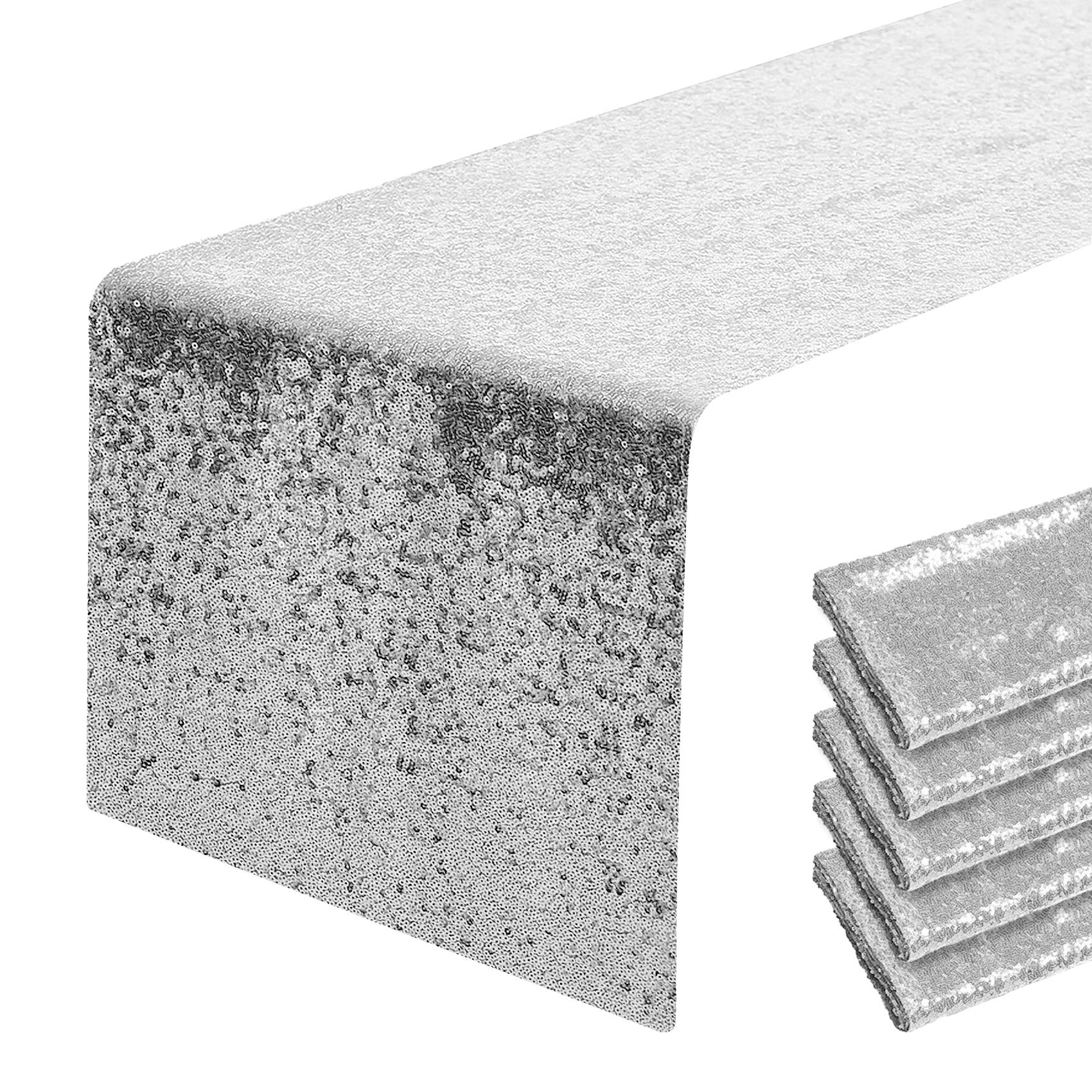 6 Packs 12 X 72 Inches Silver Sequin Table Runner, Glitter Runner For Birthday Party Supplies Decorations Wedding Bachelorette H