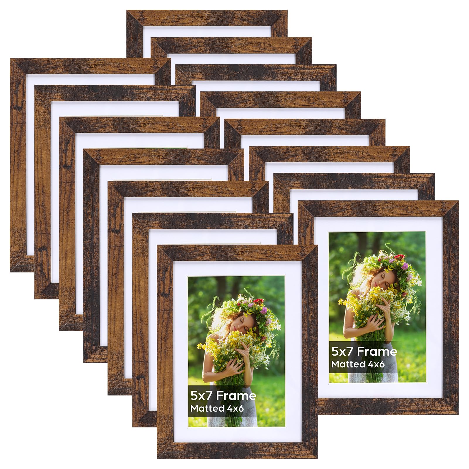 Lyeasw 4x6 Picture Frame 15 Pack, Rustic Brown Bulk Photo Frames 5 x 7 Matted to 4 x 6 Pictures, Display 4x6 with Mat or 5x7 wit