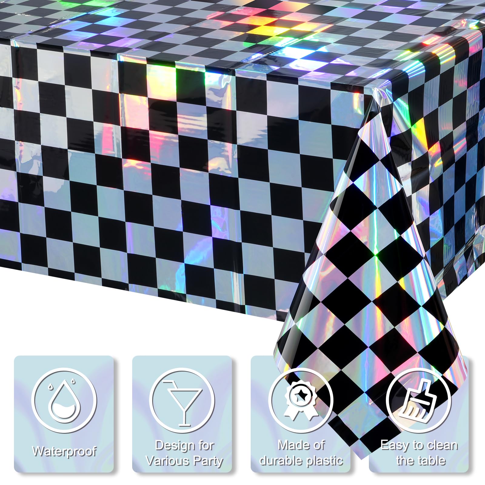 3Pack Black And Iridescent Checkered Plastic Tablecloth, Shiny Disposable Laser Rectangle Table Covers, Holographic Foil Tablecl