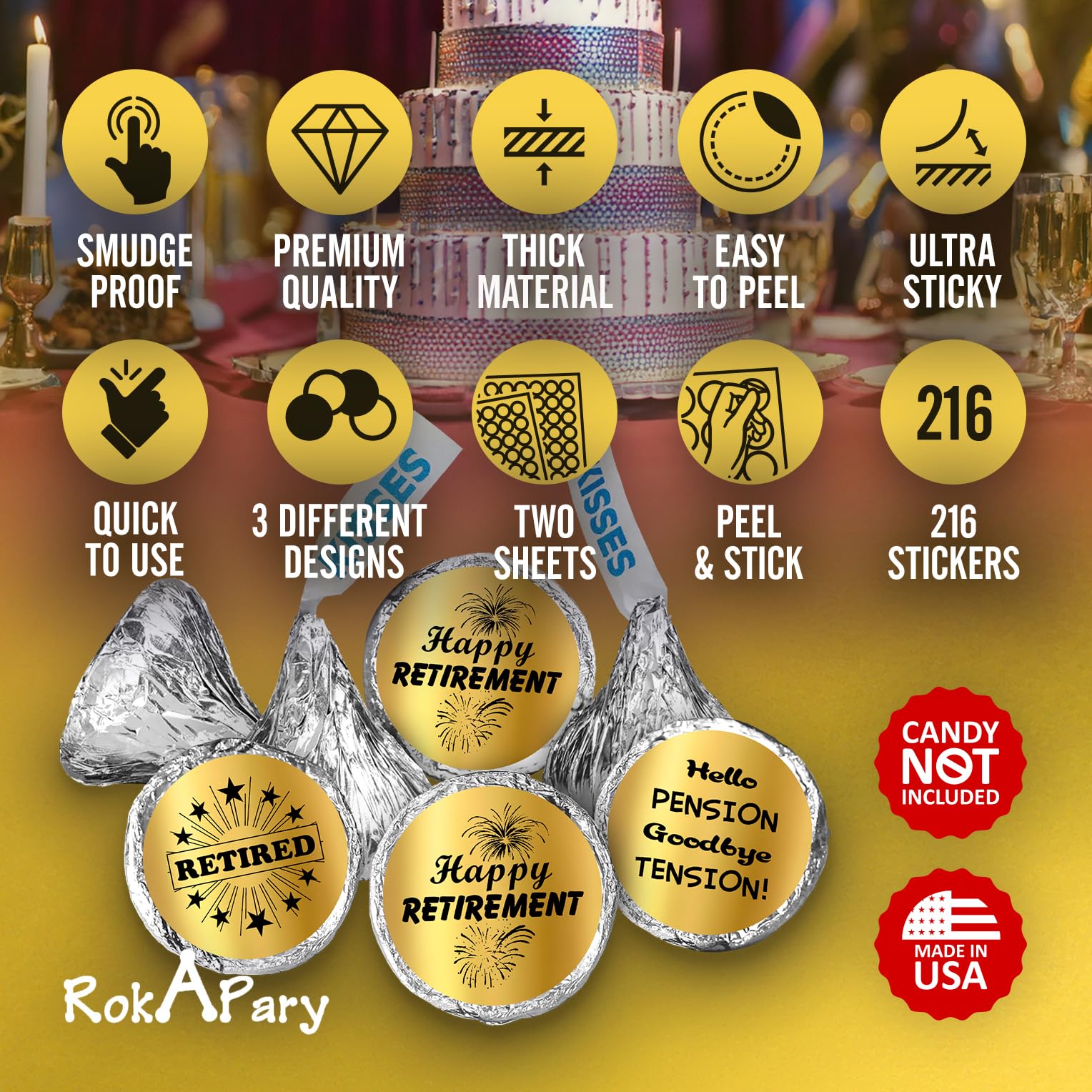 Gold Foil Retirement Kisses Stickers  (Set of 216) Chocolate Drops Labels Stickers for Happy Retirement Party  Party Favors Decor for Kisses