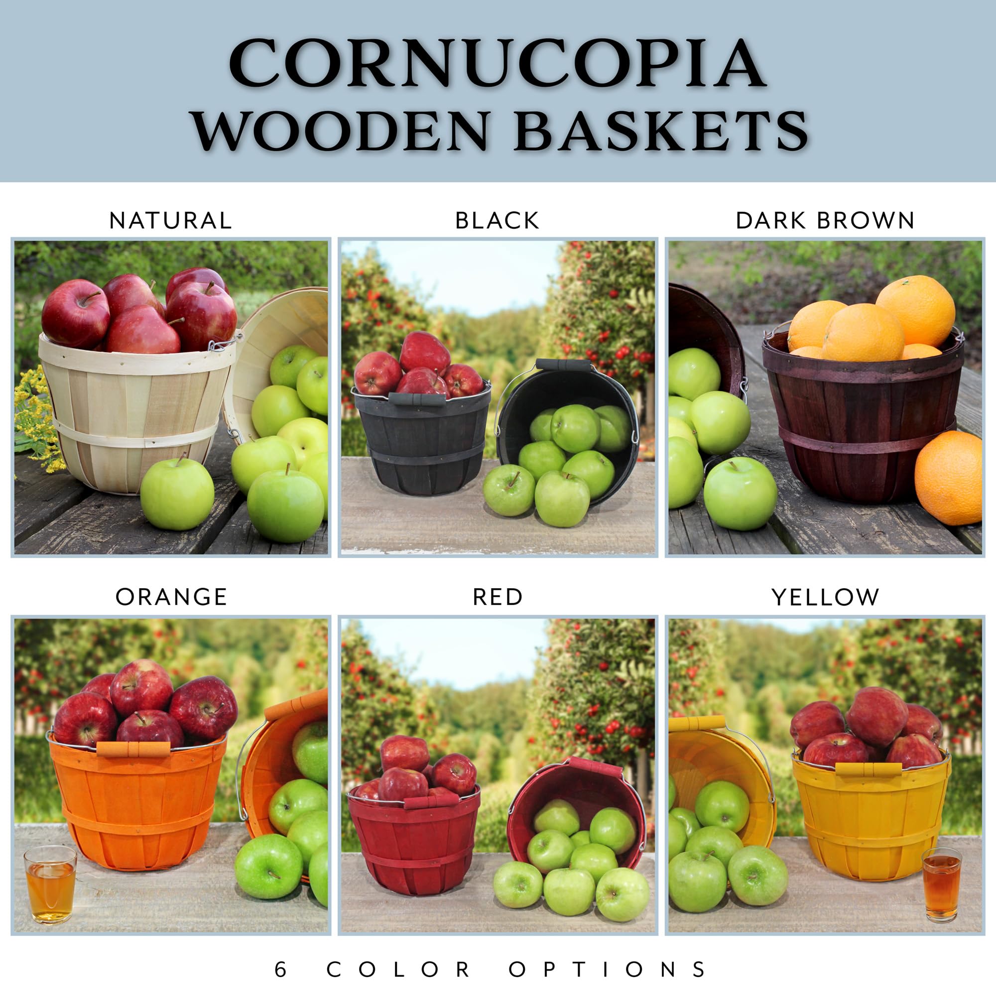 Cornucopia Round Wooden Baskets (2-Pack  Orange); Wood Fruit Buckets with Handle  4-Quart Capacity; 6.1 Inch Tall by 8 Inch Diameter