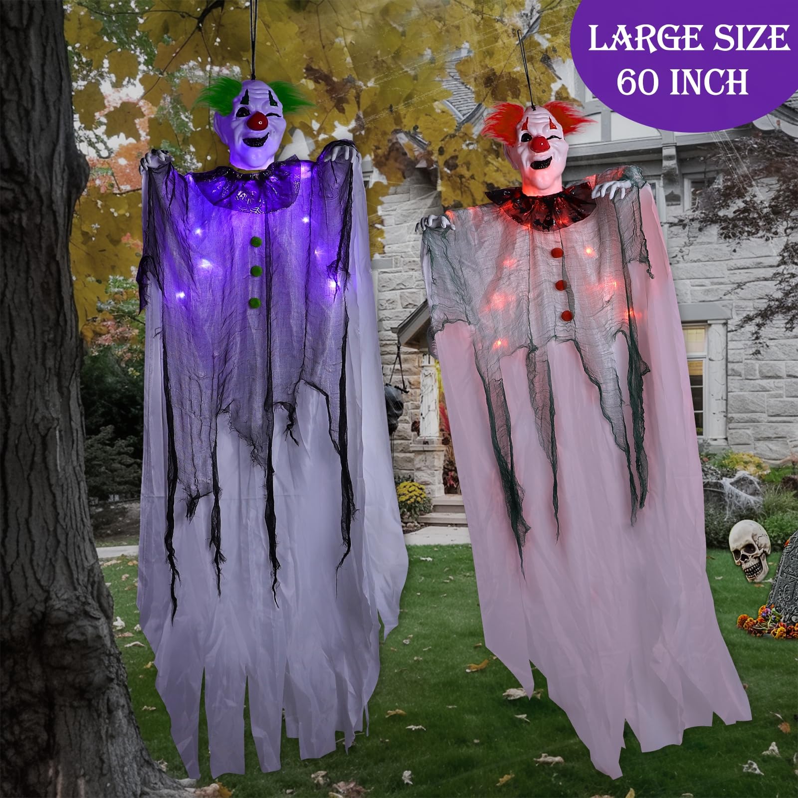 [ Glowing Body ] 2 Pack 5 Ft Light Up Halloween Hanging Clown Decorations with Purple & Red LED Lights, Scary Props Decor for Ya