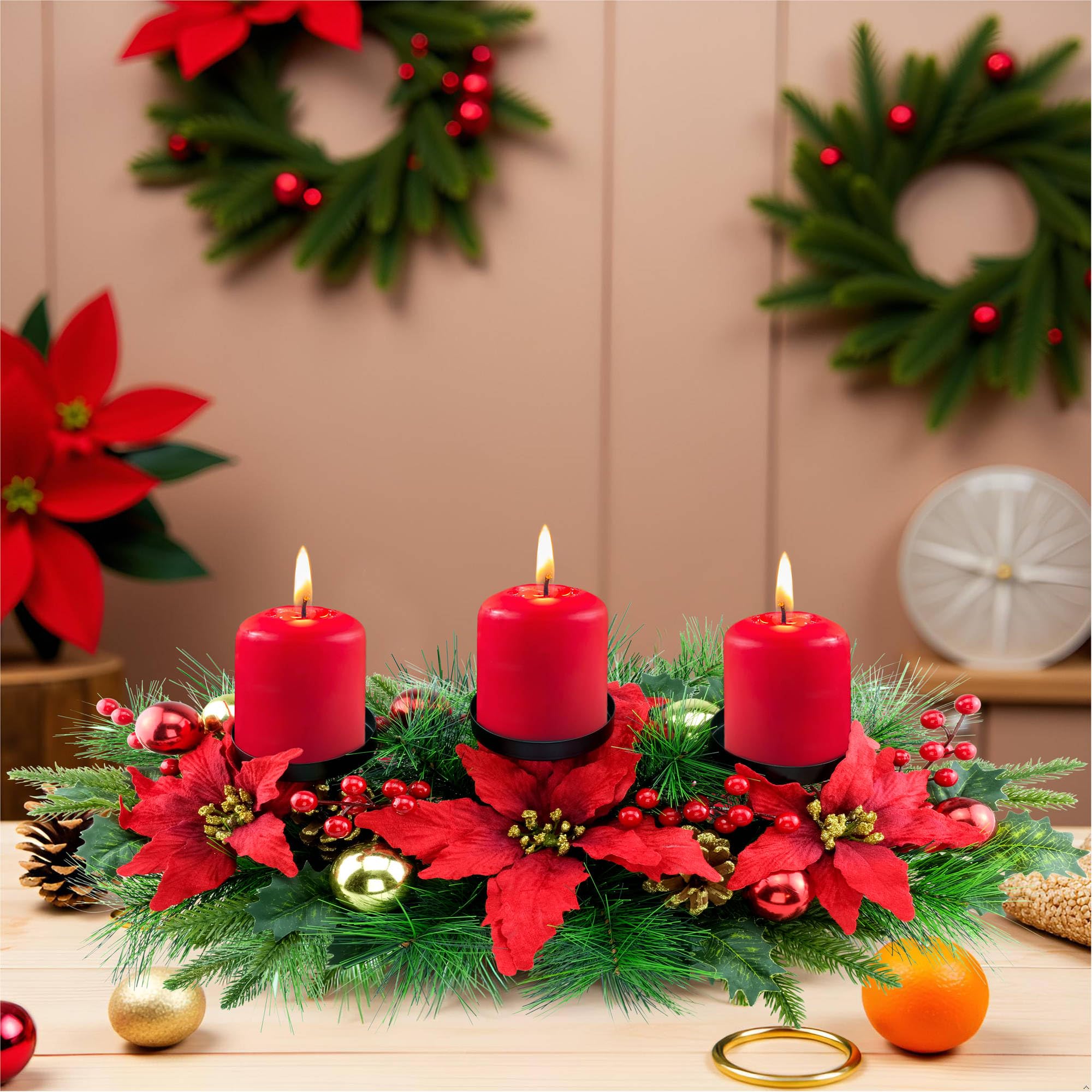 YULETIME 28 Christmas Triple Candelabrum, Holiday Candle Holder with Three Trays, Poinsettia, Red and Gold Baubles, Natural Pine
