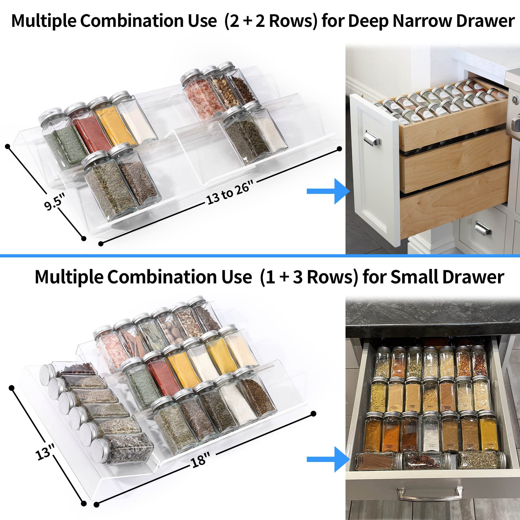 MIUKAA Clear Acrylic Spice Drawer Organizer, 4 Tier Expandable 13" to 26", 8 Pcs, Transparent, Kitchen Spice Rack (Jars not included)