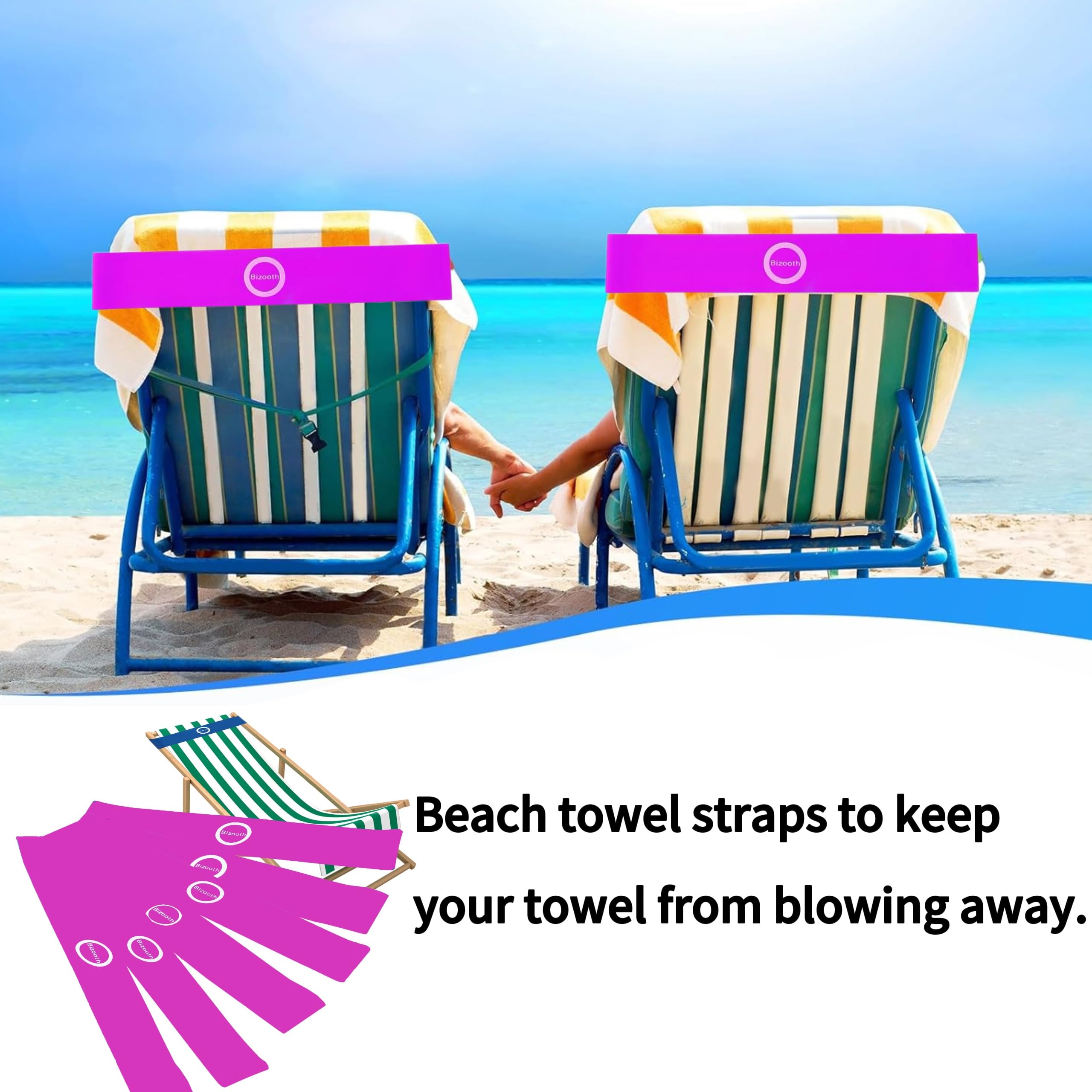 Bizooth 6 Pack Beach Towel Bands,Beach Chair, Pool Chairs & Cruise Ship Essentials,Windproof Towel Holder Cruise Bands For Towel