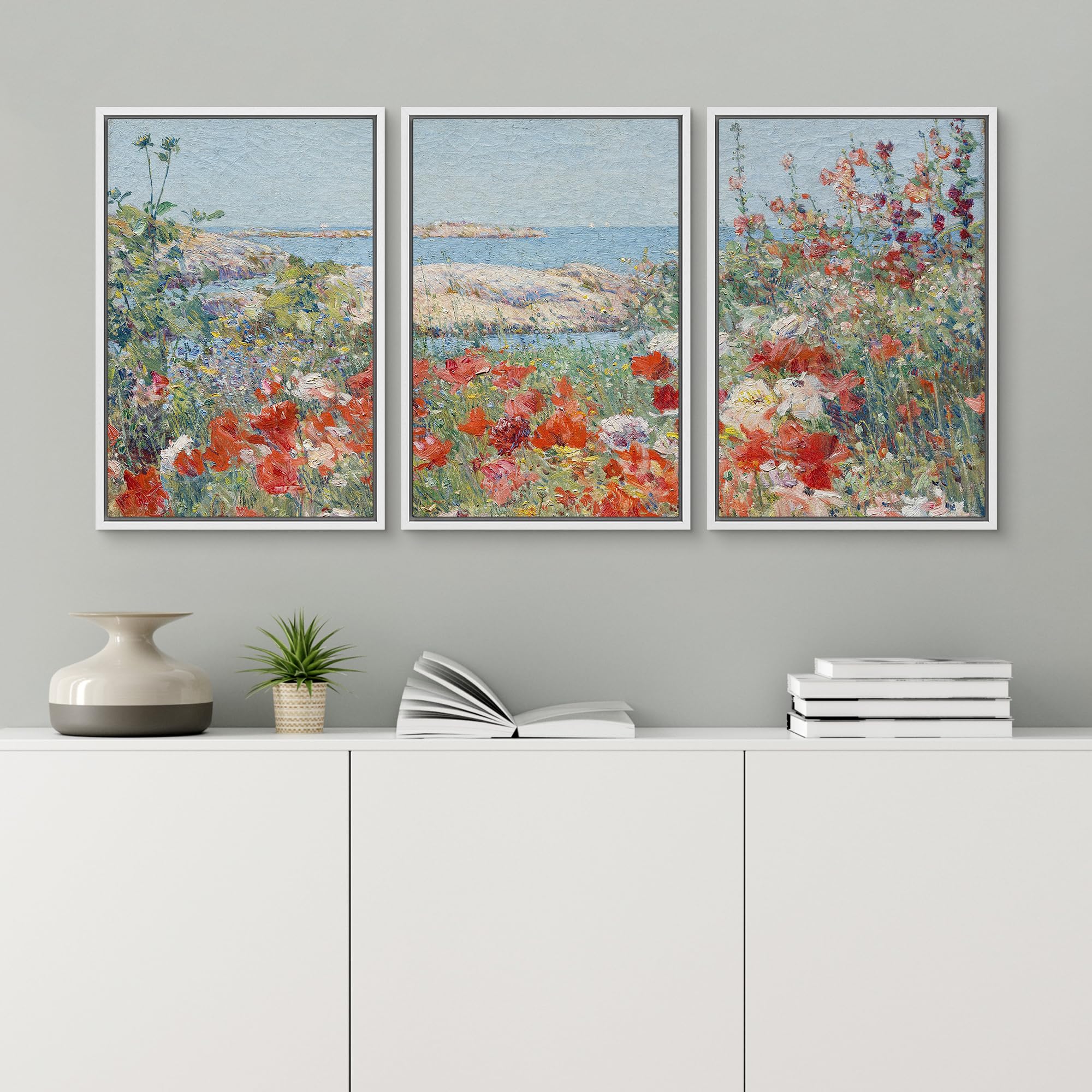 Wall26 Framed Canvas Print Wall Art Set Watercolor Pastel Flower Field Coastal Landscape Nature Wilderness Illustrations Modern
