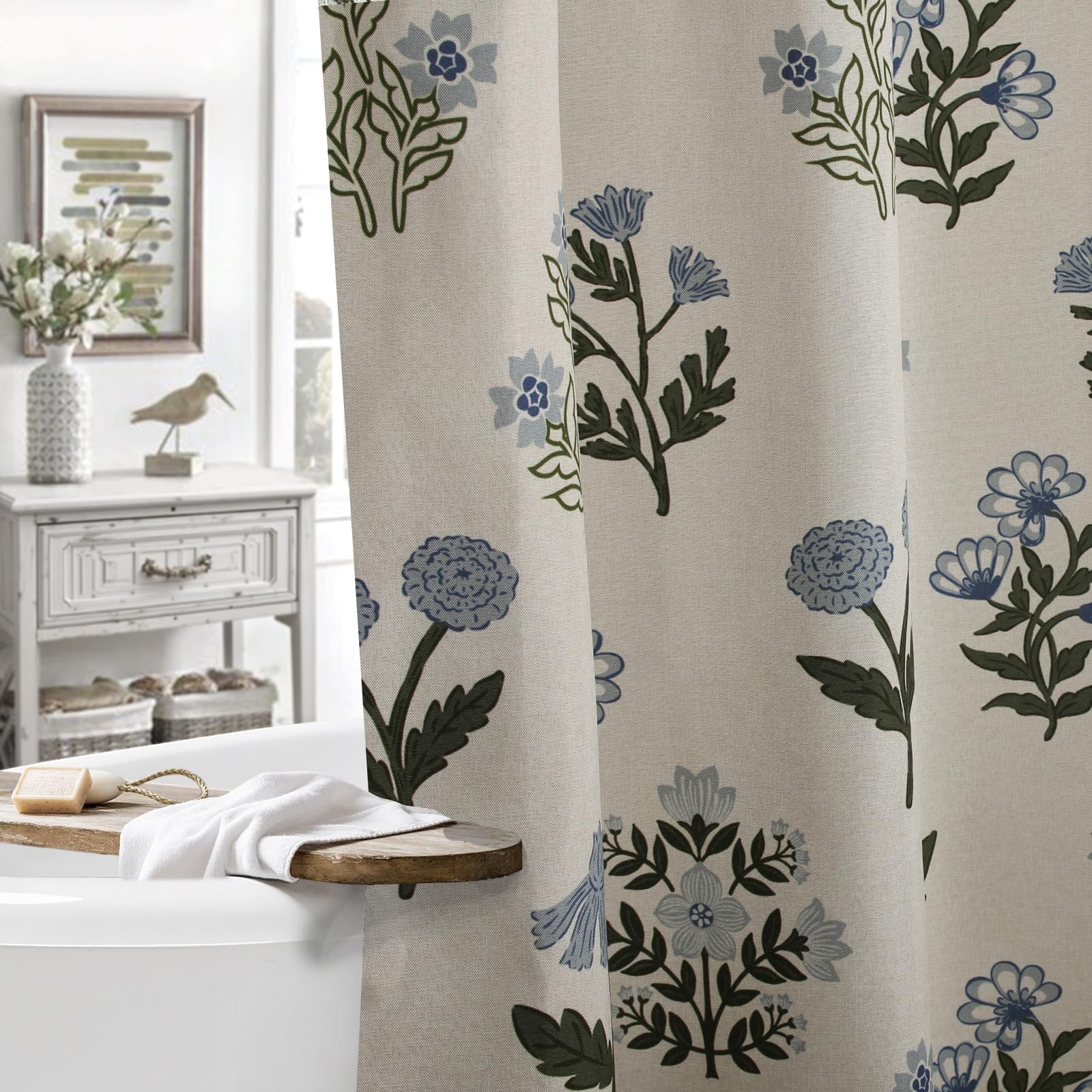 Abstract Vintage Floral Linen Shower Curtain - Neutral Traditional Floral Block Print Pattern In Blue And Green,Botanical Boho S
