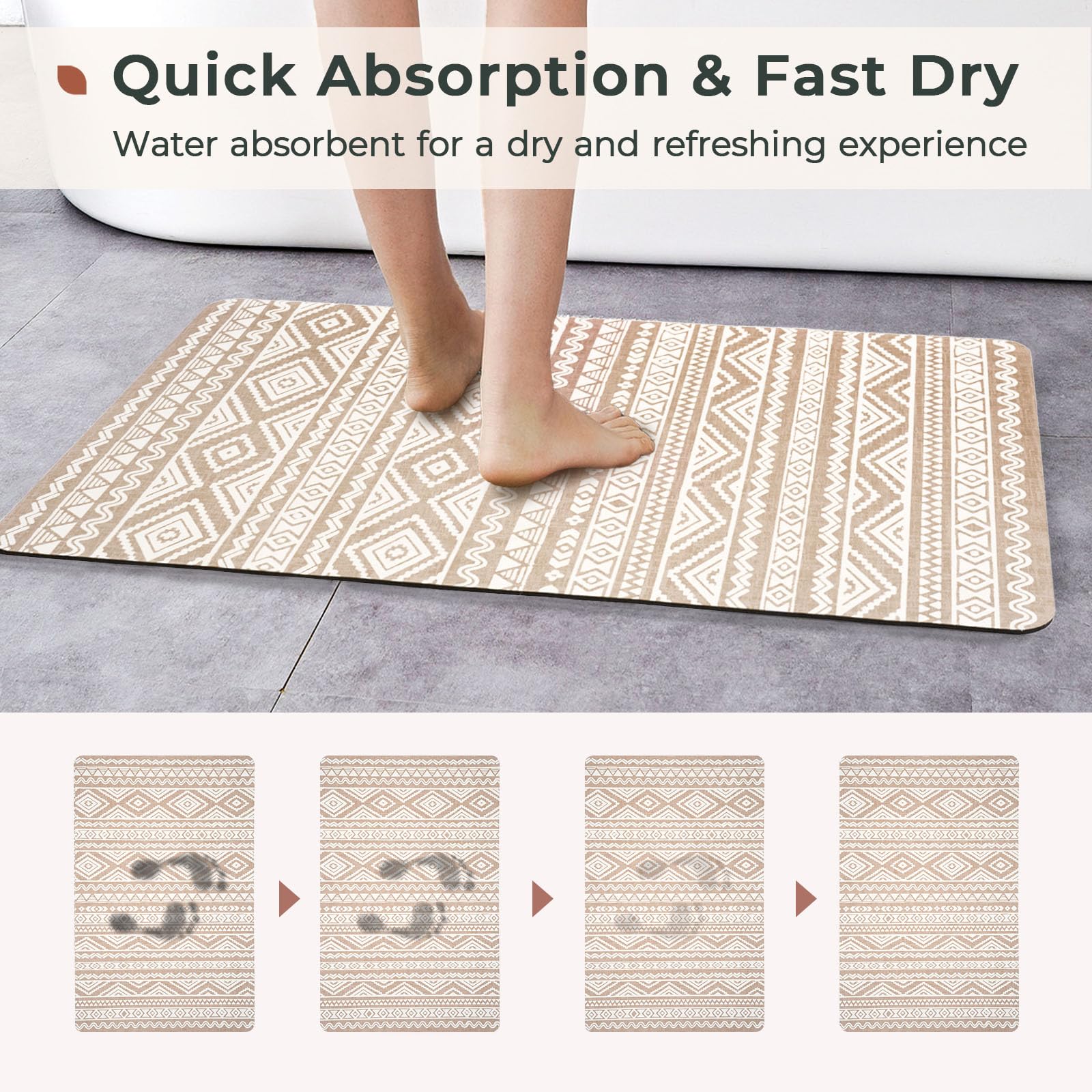 Freshmint Bohemian Bath Mat Soft Boho Bathroom Mat Non-Slip Quick Dry Bath Rugs Thin Washable Shower Floor Mats With Super Water