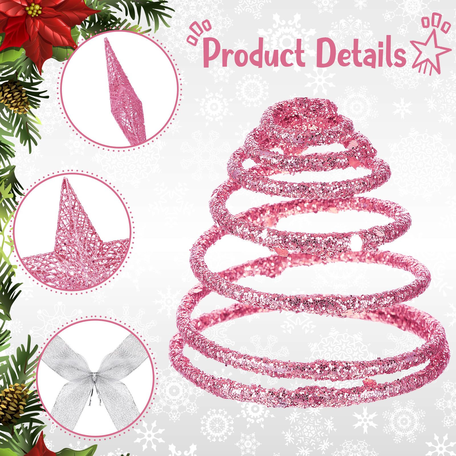 Sumind 10 Inch Christmas Star Tree Topper Glittered Star Metal Plug in Treetop Ornaments with Bow and 30 LED String Light for Ch