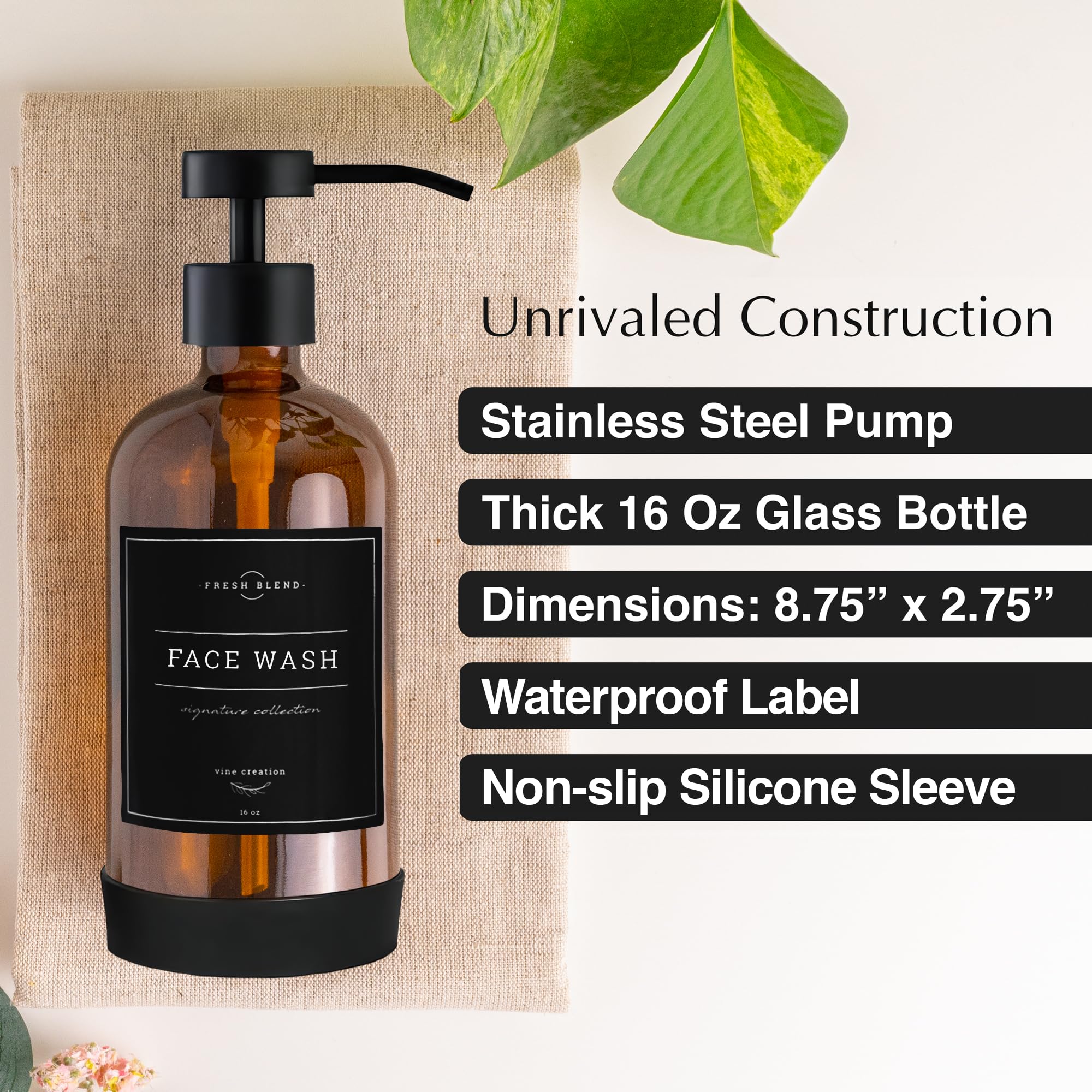 Vine Creations Amber Glass Soap Dispenser Set - Kitchen Soap Dispenser Set Stainless Steel Pump - Hand Soap Dispenser Bathroom -