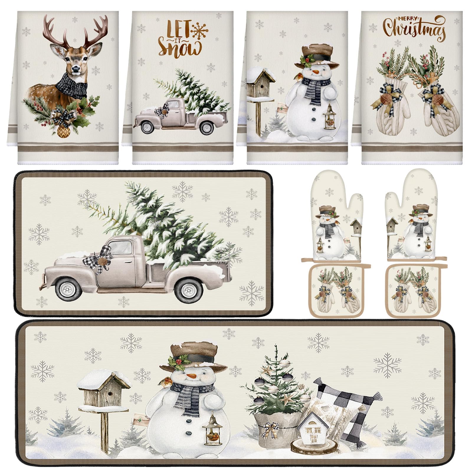 Fourluoo 10 Pcs Christmas Kitchen Dish Towels Rugs Oven Mitts and Pot Holders Set Farmhouse Kitchen Decor Set for Women Mom Daug