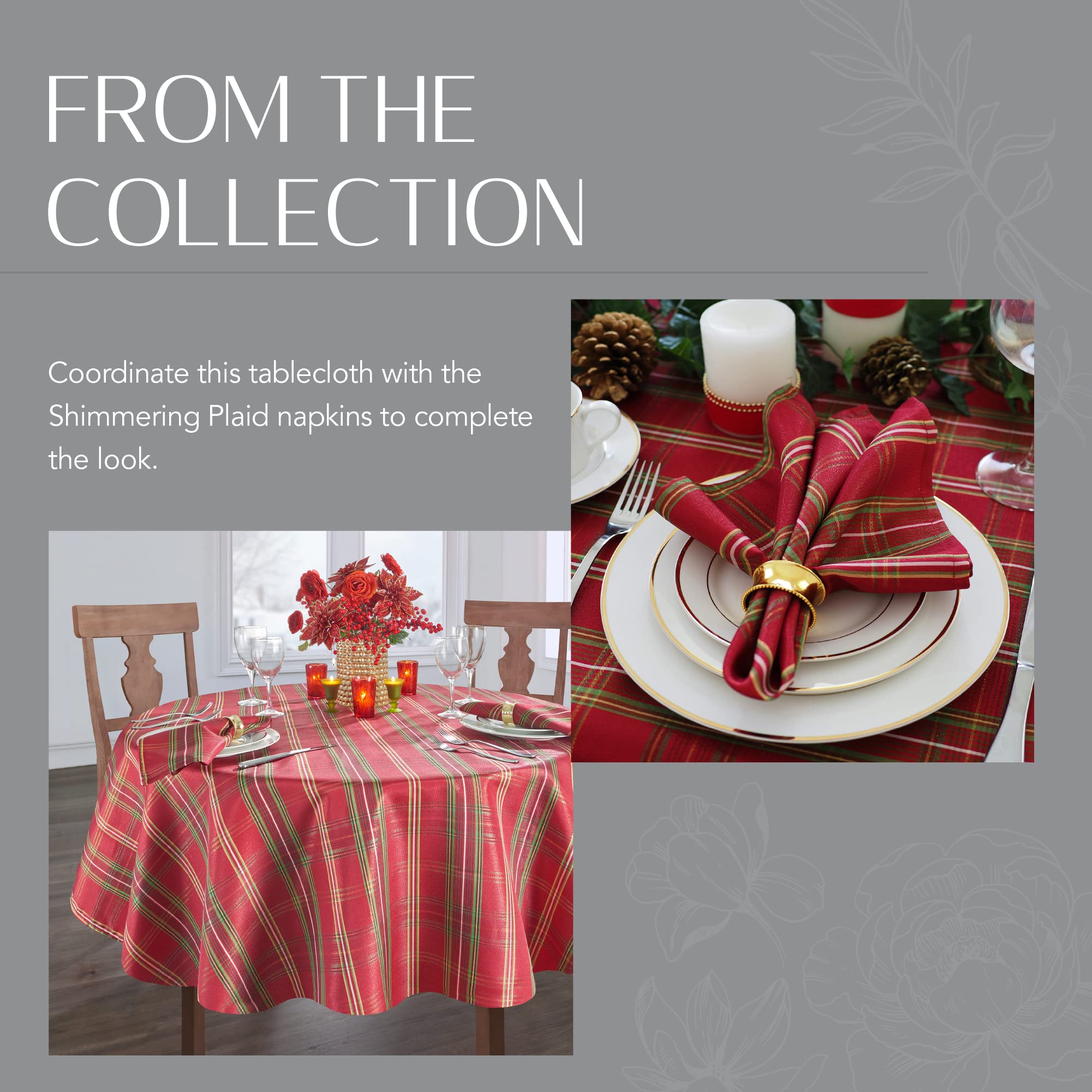 Elrene Home Fashions Shimmering Plaid Holiday Fabric Tablecloth, 70'' Round, Red