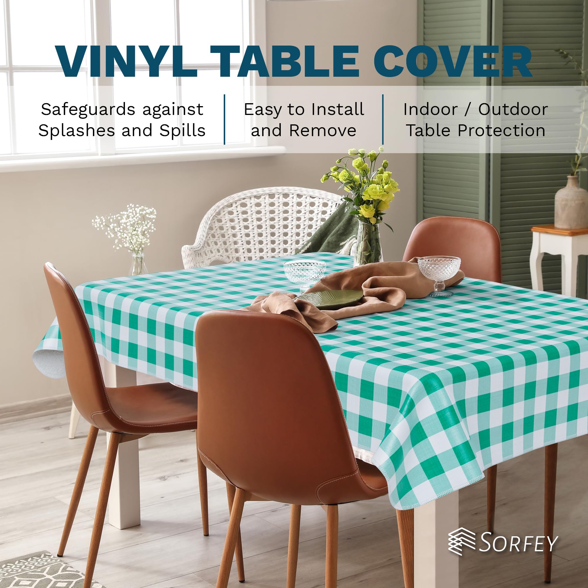 Sorfey Tablecloth - Vinyl With Flannel Back, 52''X72'' Rectangle, Water Proof, Easy To Clean, Checked Red Design