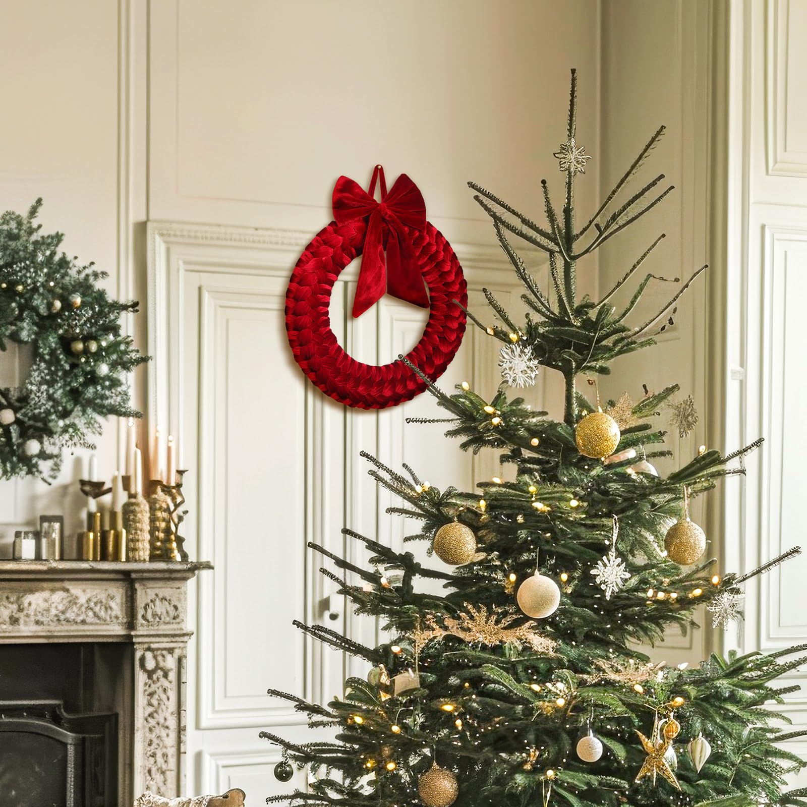 Barydat Christmas Velvet Wreath 14 Wreaths for Front Door Velvet Christmas Wreath Ornament with Bow for Party Table Fireplaces P