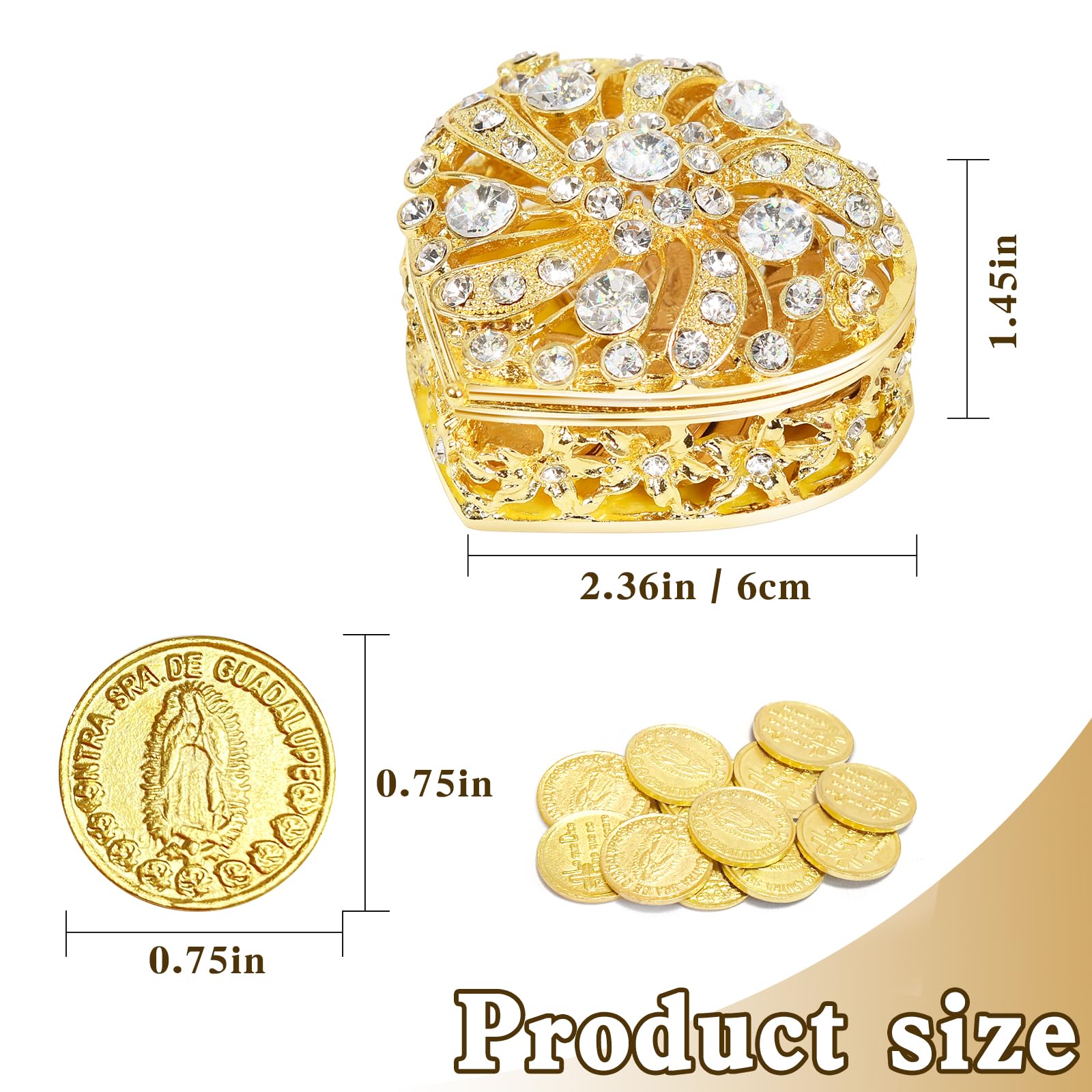 Wedding Arras Coins Set - Gold Heart Shaped Box with 13 Virgen of Guadalupe Coins, Arras De Boda Cristiana, Wedding Accessories