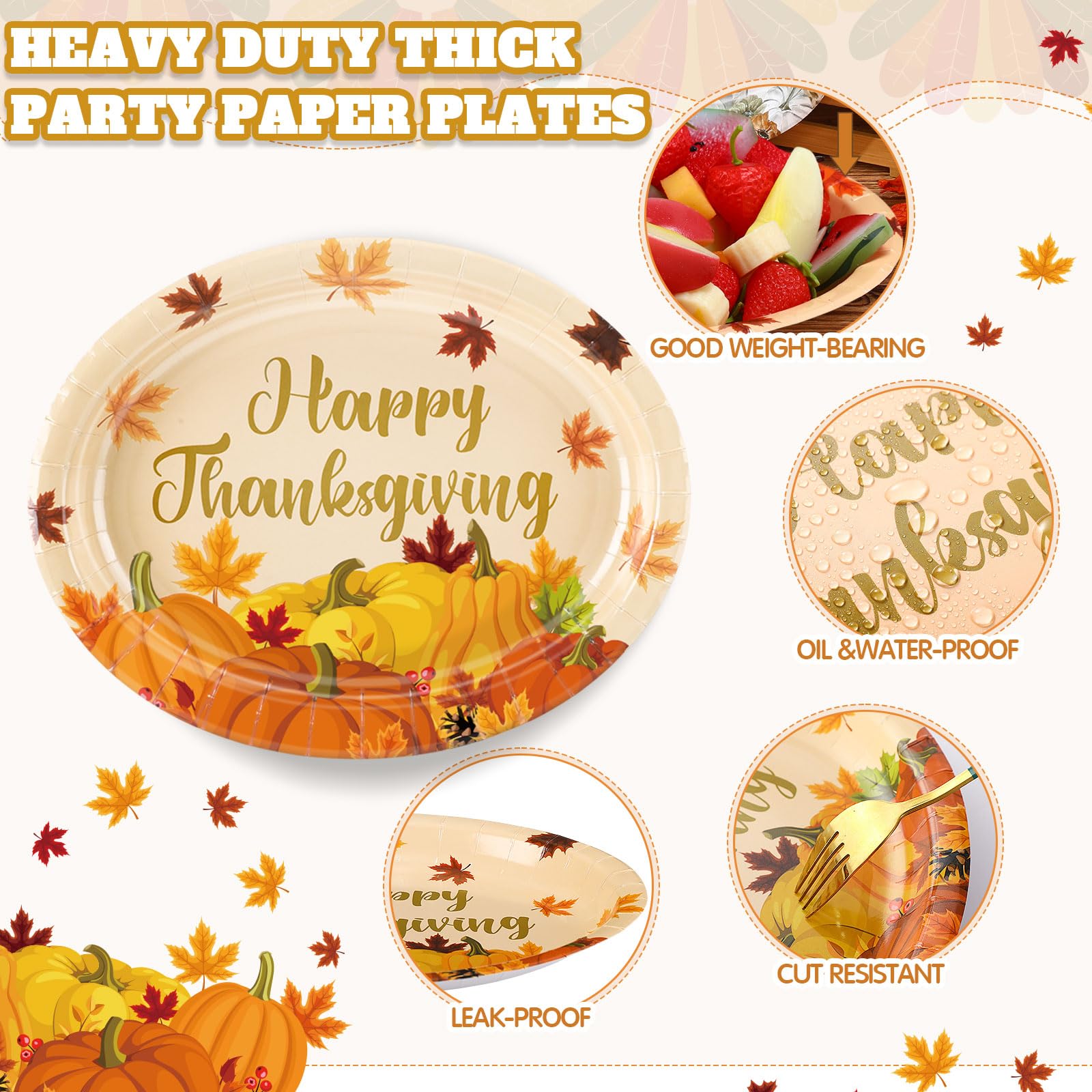 Pajean 50 Pcs Thanksgiving Paper Plates Bulk Fall Oval Dinner Plates 9 x 11 Large Autumn Leaves Pumpkin Turkey Disposable Tablew
