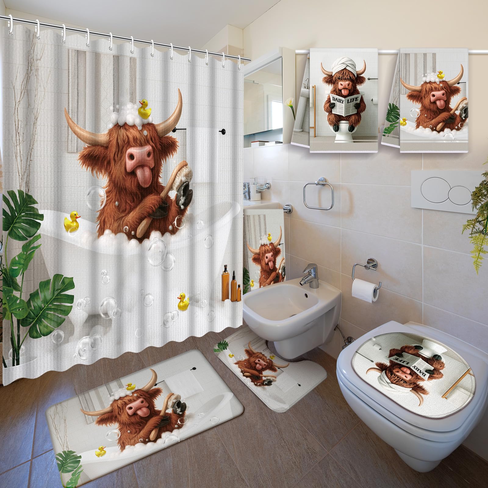 Nuanchu 6 Pcs Shower Curtain Bathroom Set With Bath Mat U Shaped Mat Toilet Cover 2 Bath Towels And 12 Hooks Bathroom Decor Set,