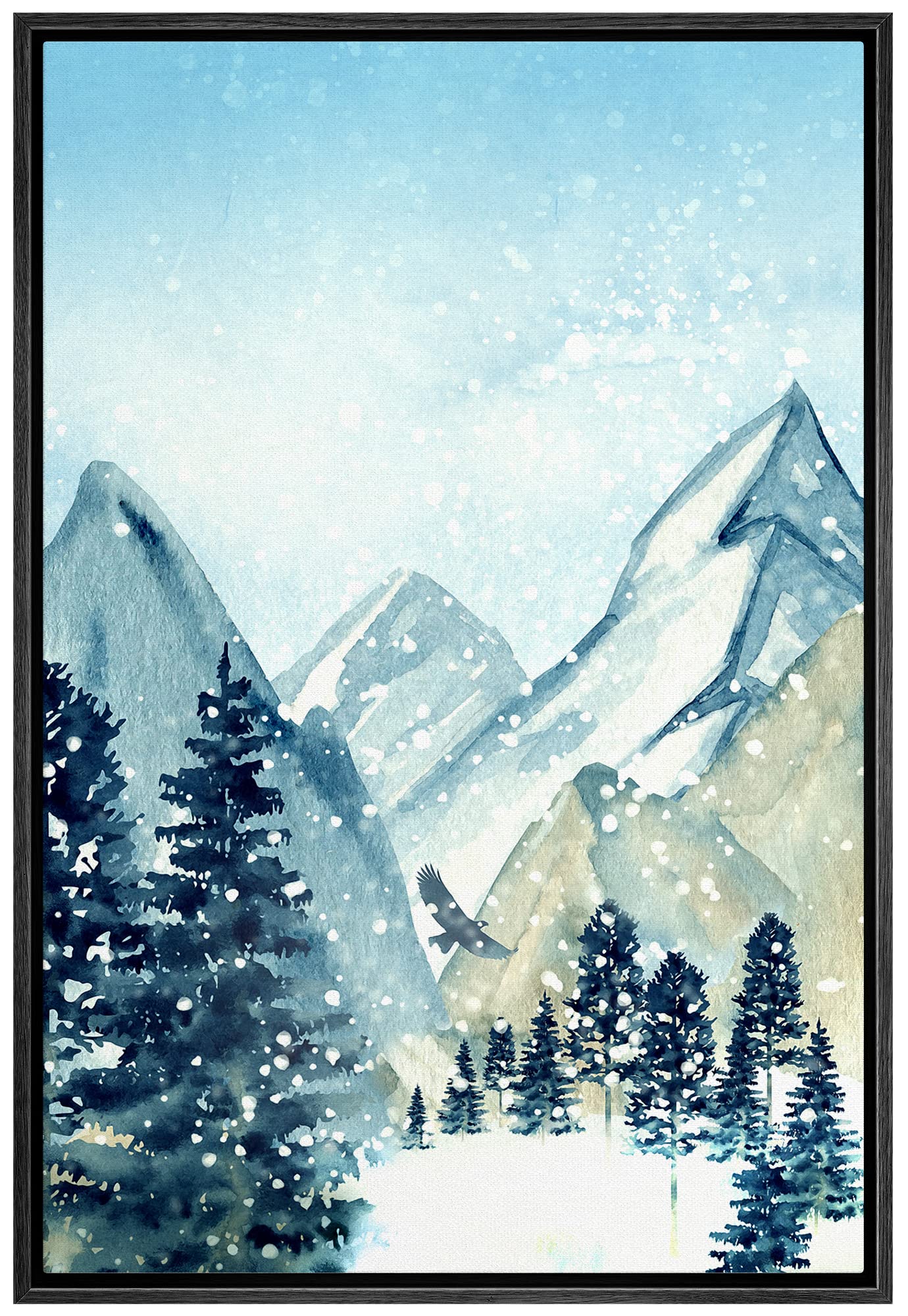 Signwin Framed Canvas Print Wall Art Woodland Nursery Decor Winter Snow Pastel Watercolor Mountain Nature Modern Art Decorative