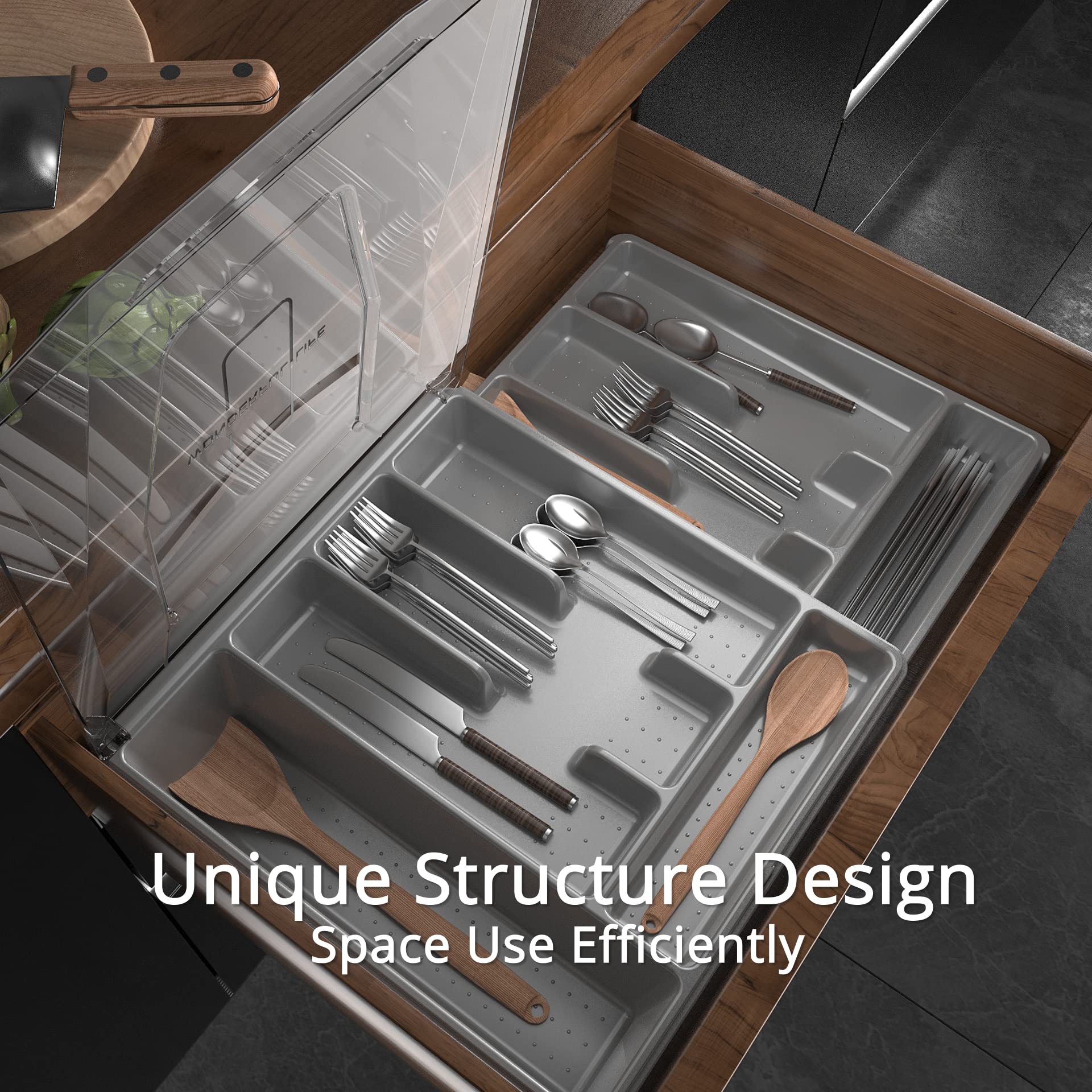 Kurberson Double Layer Silverware Organizer With Lid, Utensil Holder With Cover, Flatware Cutlery Storage Oranizer, Gray