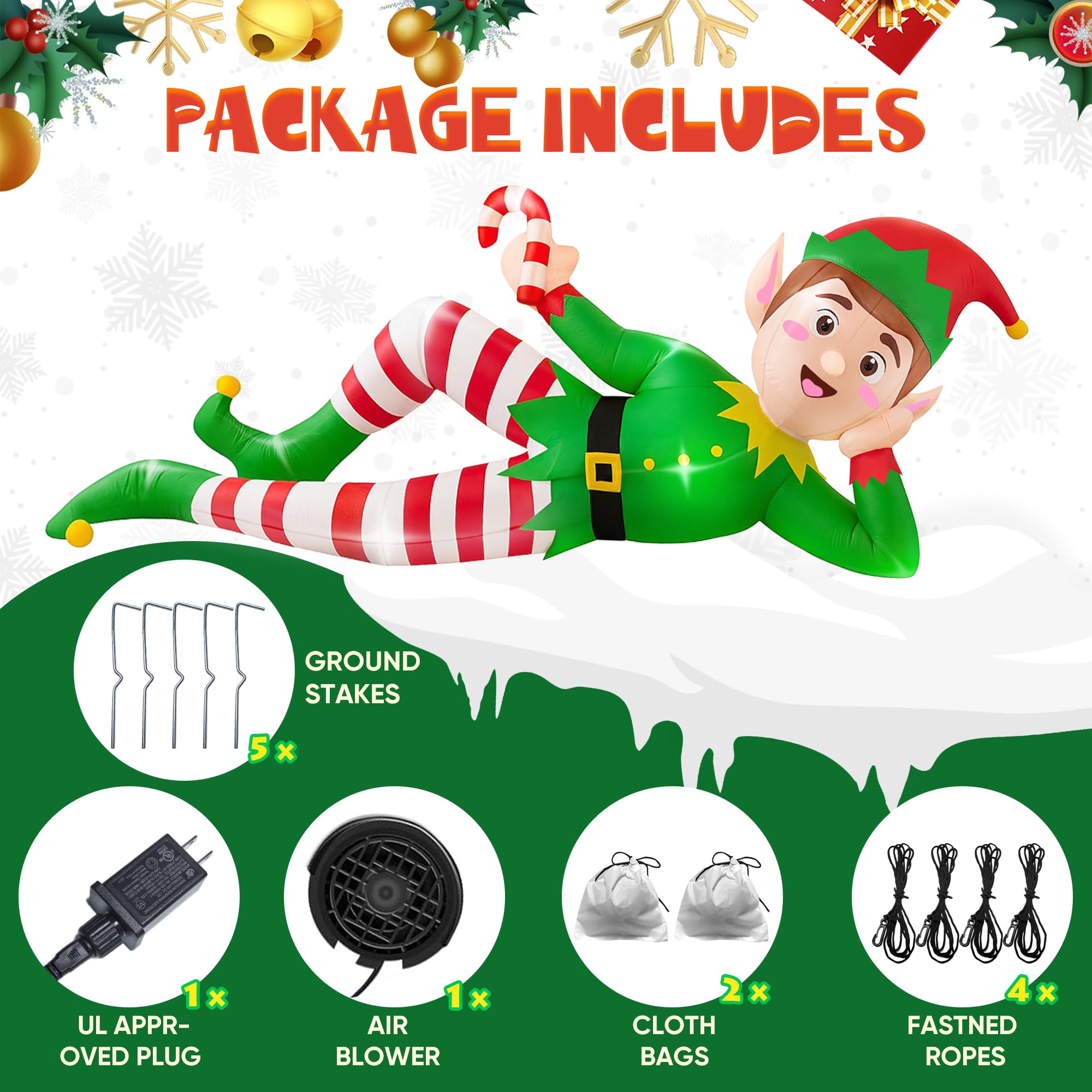 CORALMEE 8FT Christmas Inflatable Outdoor Decoration, Lying Elf Christmas Blow up Yard Decorations with Built-in LED Lights, Gia