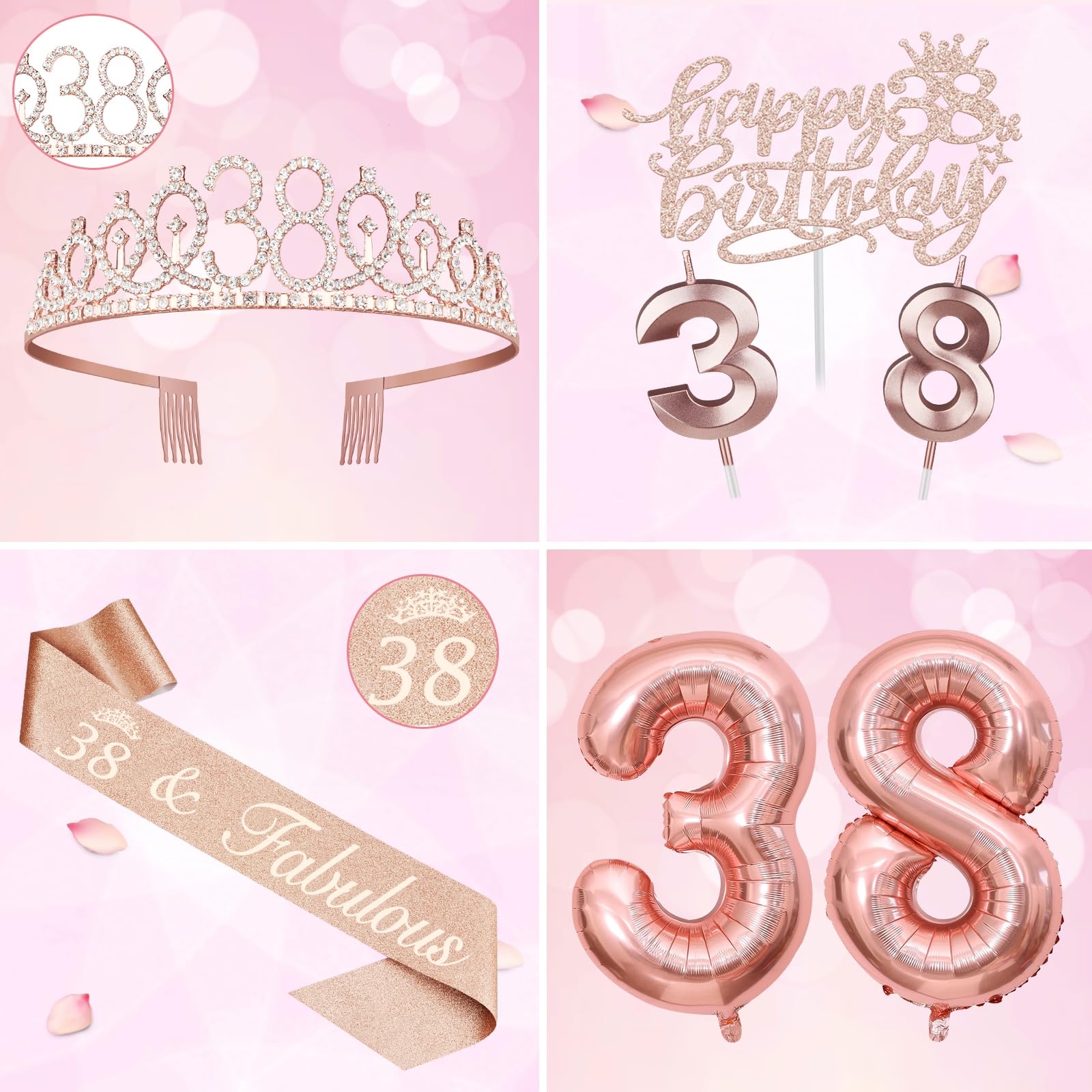 38Th Birthday Decorations For Women Including 38Th Birthday Sash, Tiara/Crown, Number 38 Candles And Cake Topper, Rose Gold 38 B