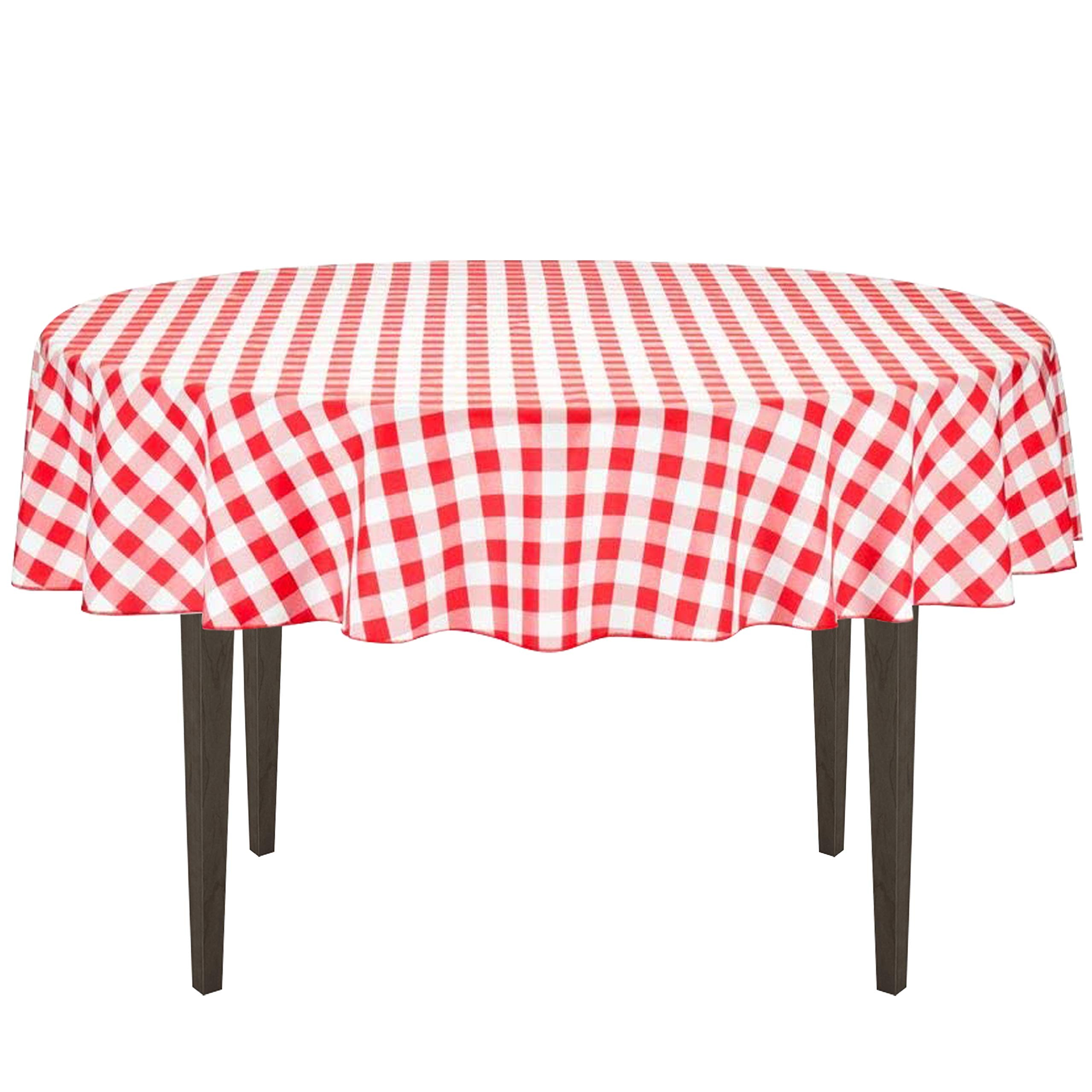 LTC LINENS 90 Inch Red and White Checkered Tablecloth Round - Red Gingham Table Cloth - Stain Resistant, Washable Fabric Plaid T