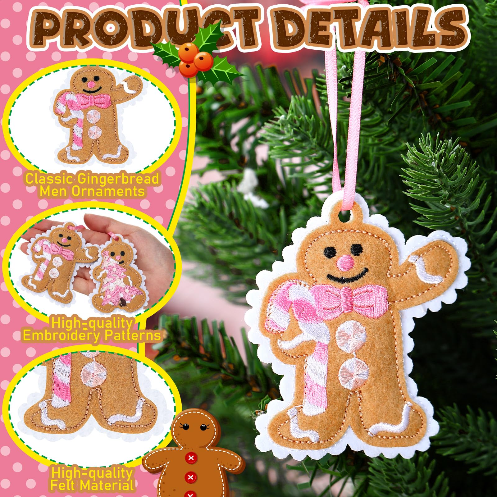 Civaner 24 Pcs Pink Gingerbread Christmas Embroidery Ornaments Felt Embroidery Rustic Christmas Hanging Ornaments Pendants for X