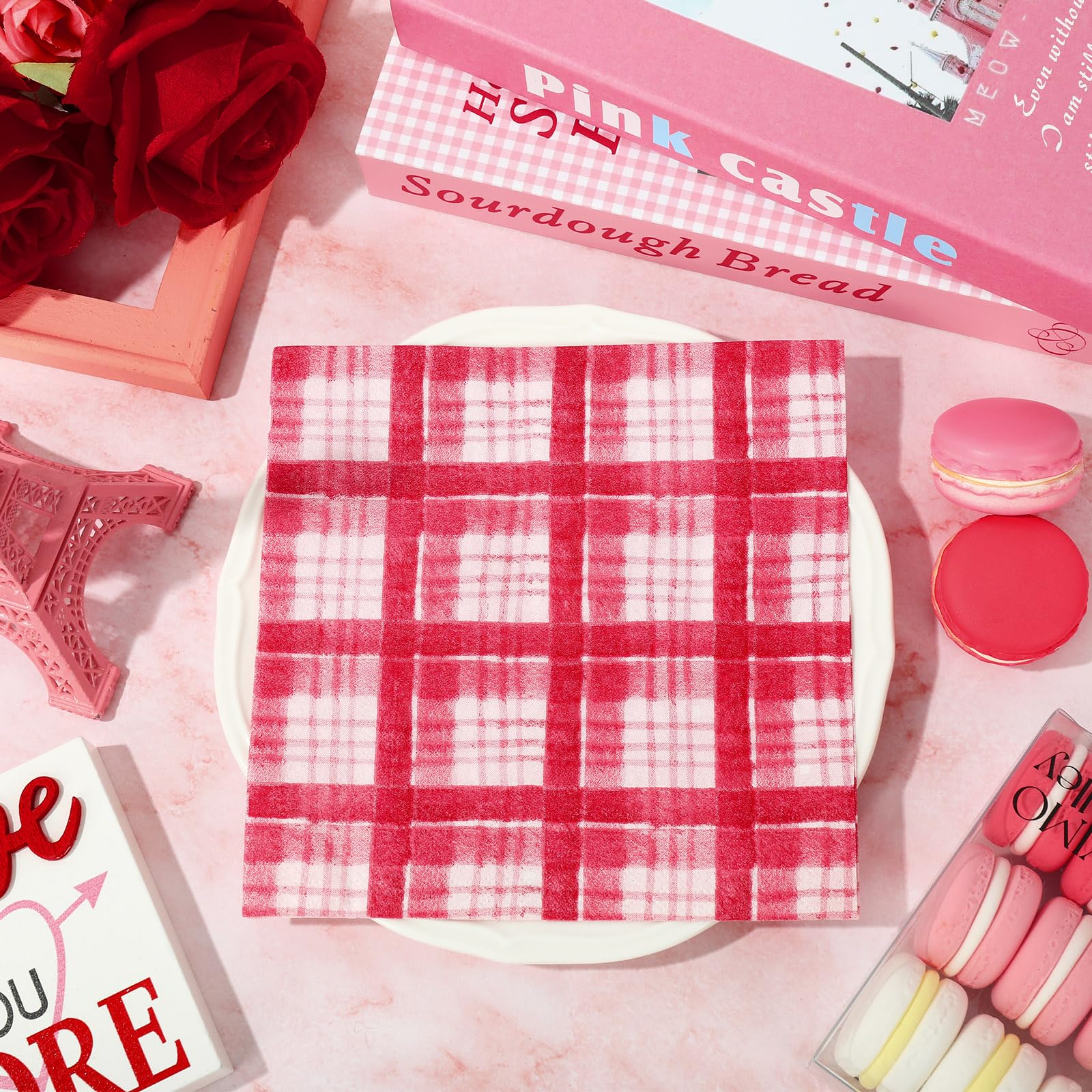 Jarthenaamcs 80Pcs Valentine'S Day Paper Napkins 6.5 X 6.5 Inch Watercolor Plaid Disposable Dinner Napkins Red White Checkered L